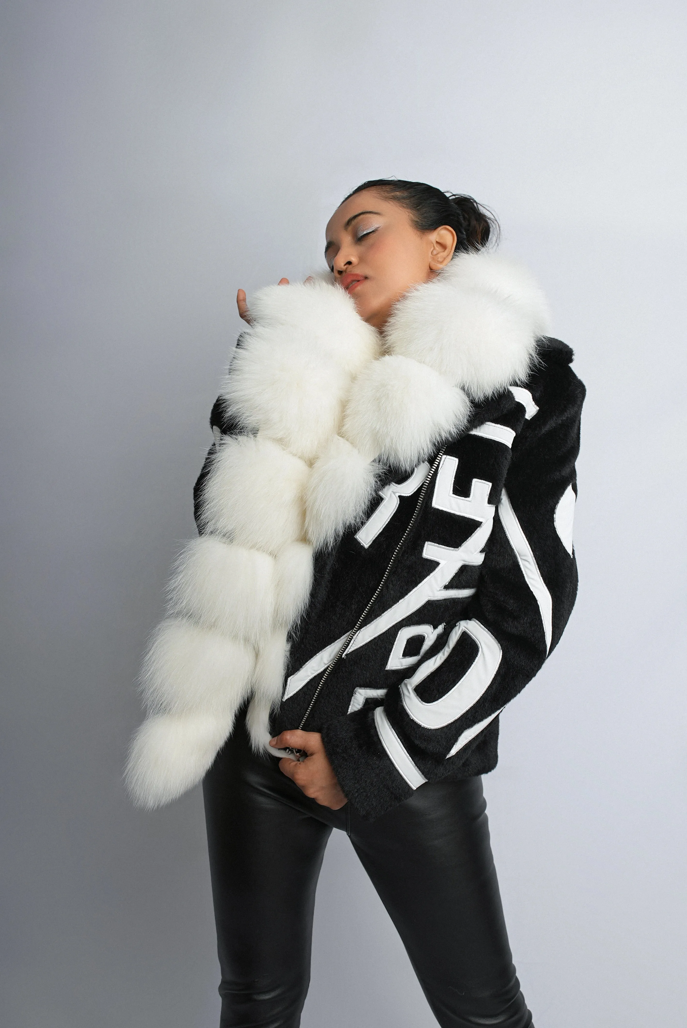 Monochrome Chic Jacket with Detachable Fox Fur Collar