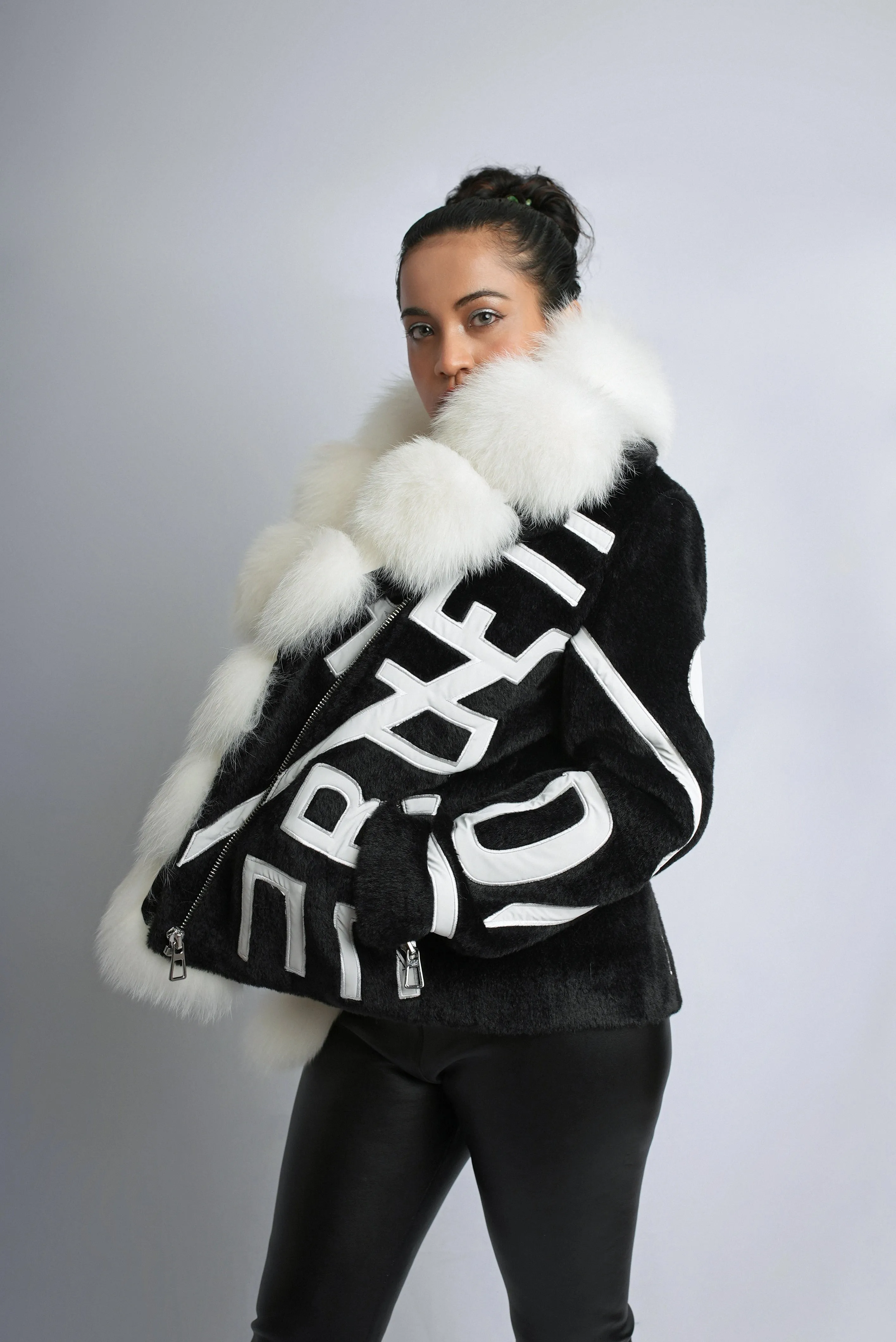 Monochrome Chic Jacket with Detachable Fox Fur Collar