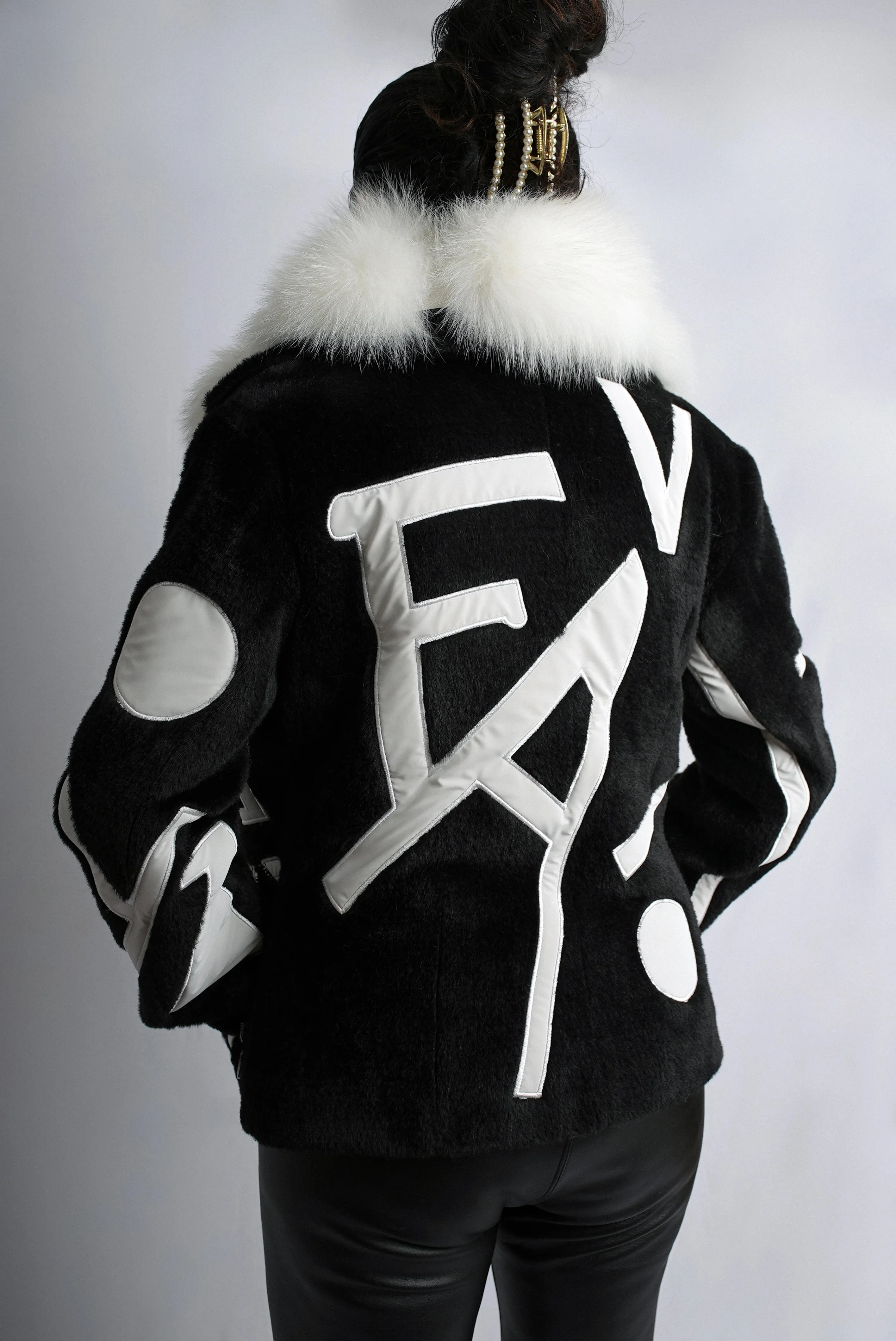 Monochrome Chic Jacket with Detachable Fox Fur Collar