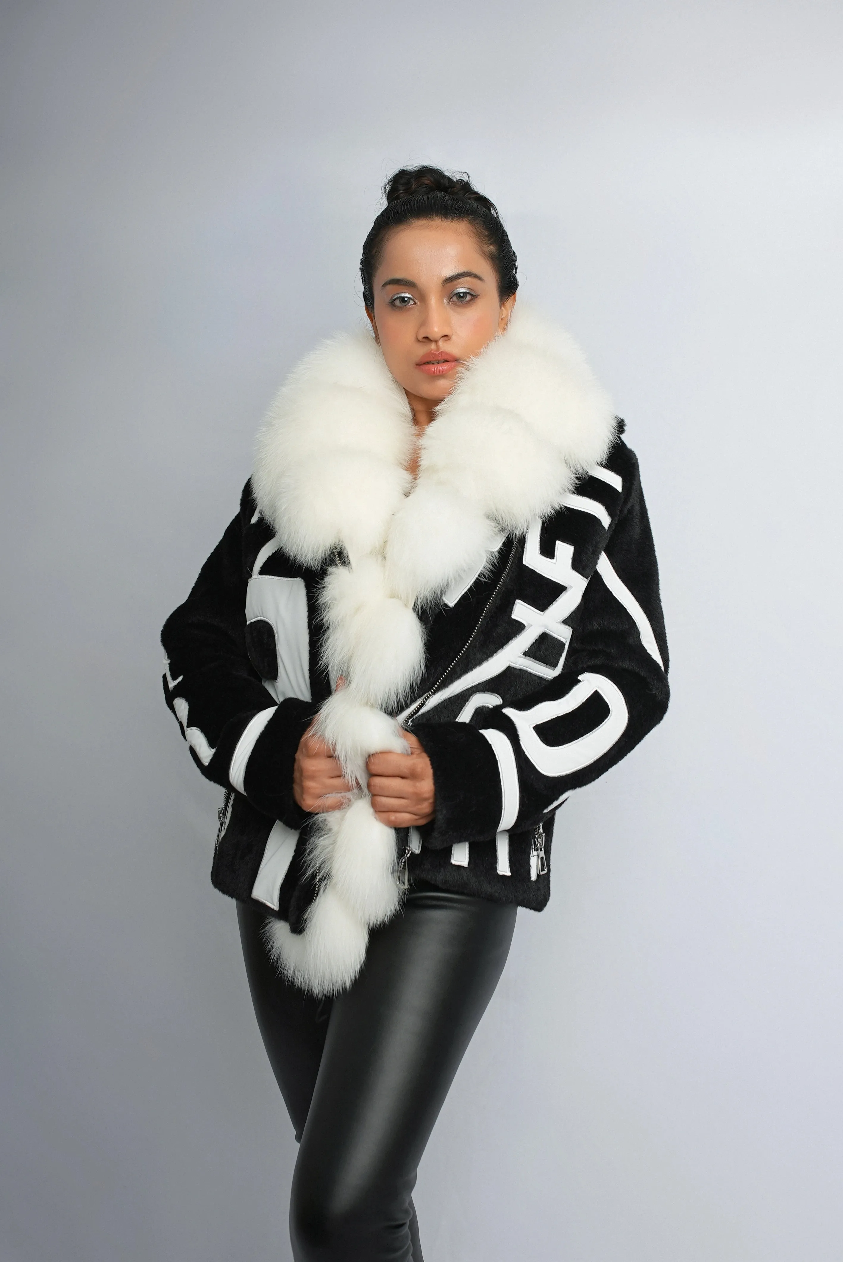 Monochrome Chic Jacket with Detachable Fox Fur Collar