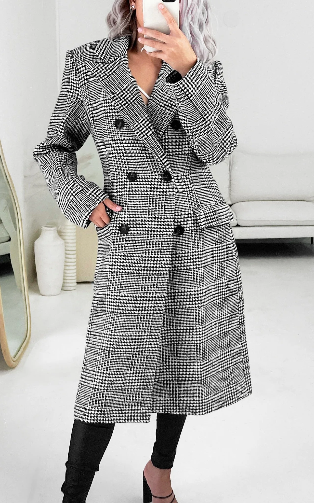 Noble Longline Coat - Houndstooth Black