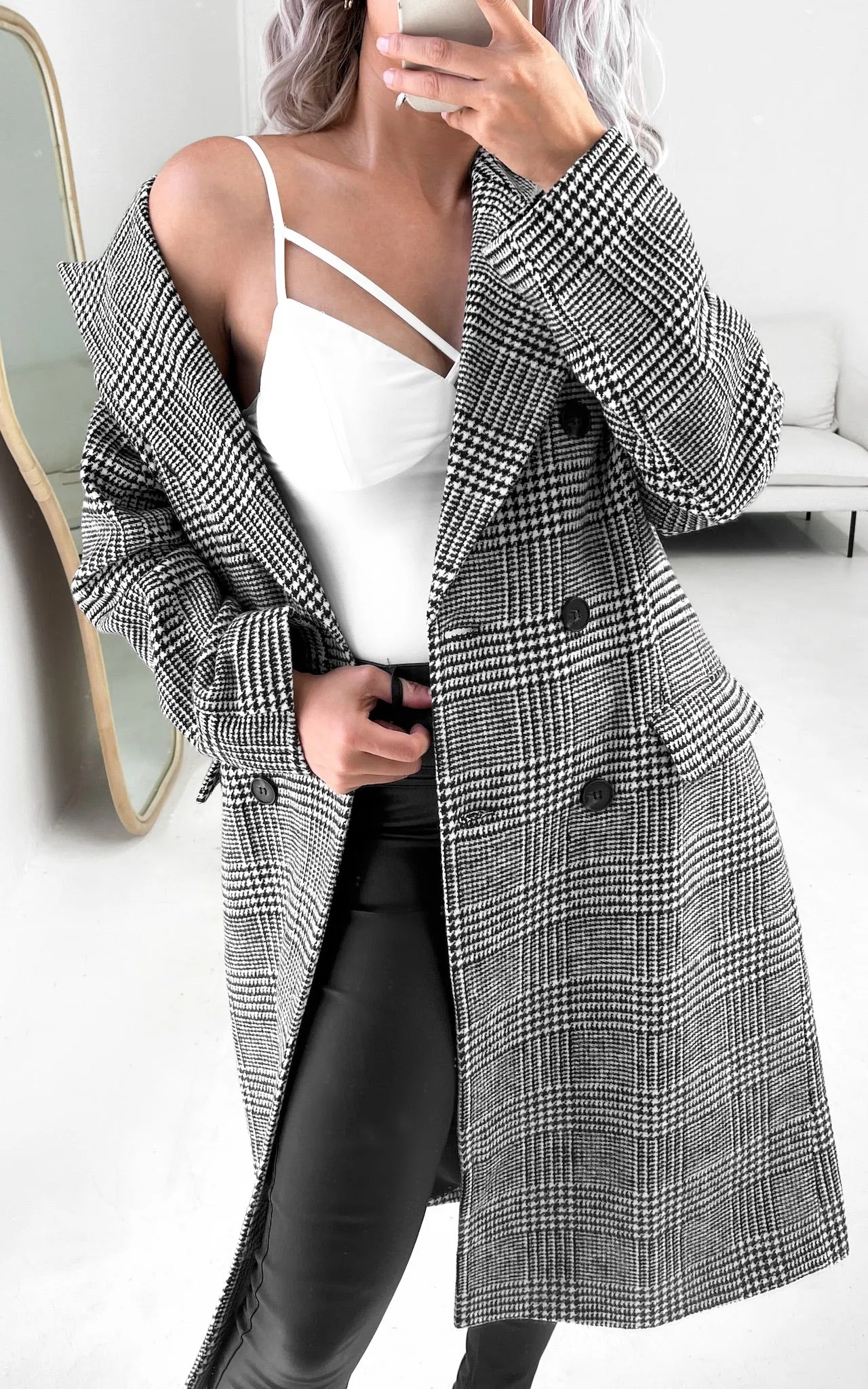 Noble Longline Coat - Houndstooth Black