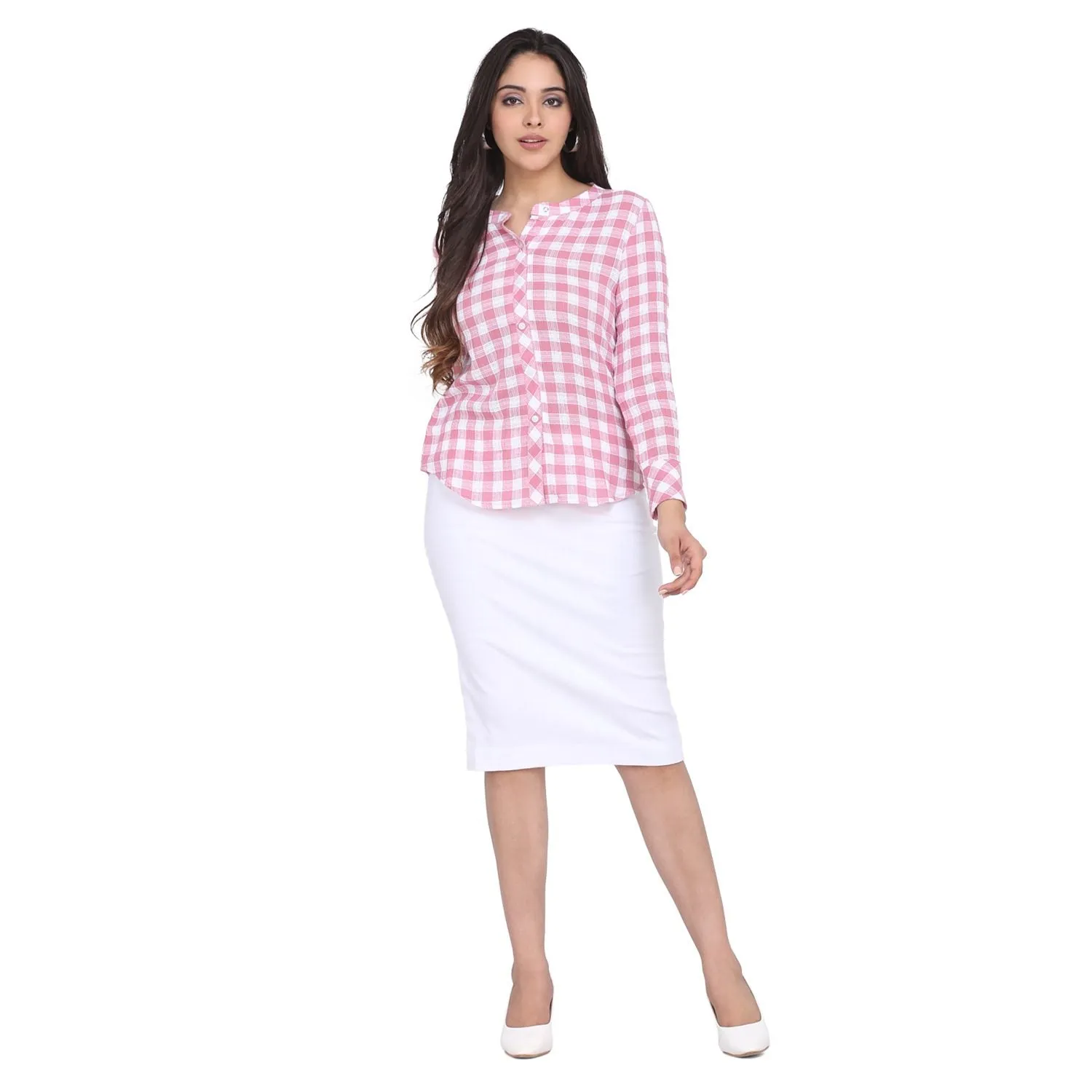 Pink Cotton Checkered Mandarin Collar Top 