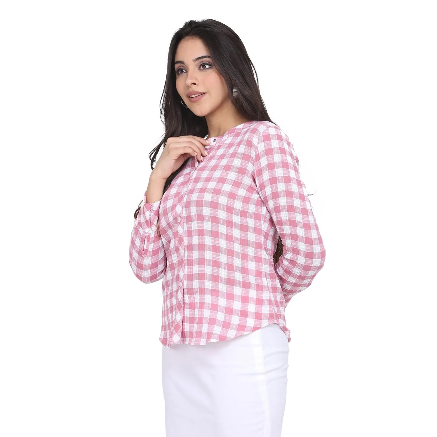 Pink Cotton Checkered Mandarin Collar Top 