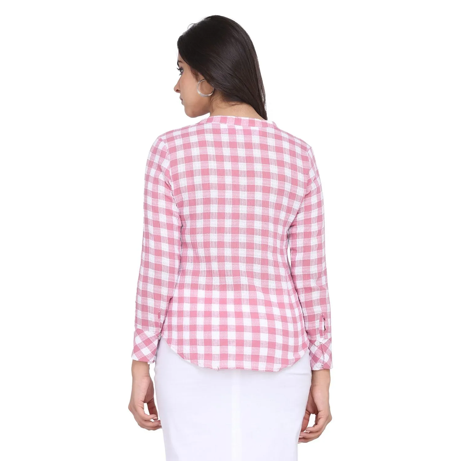 Pink Cotton Checkered Mandarin Collar Top 