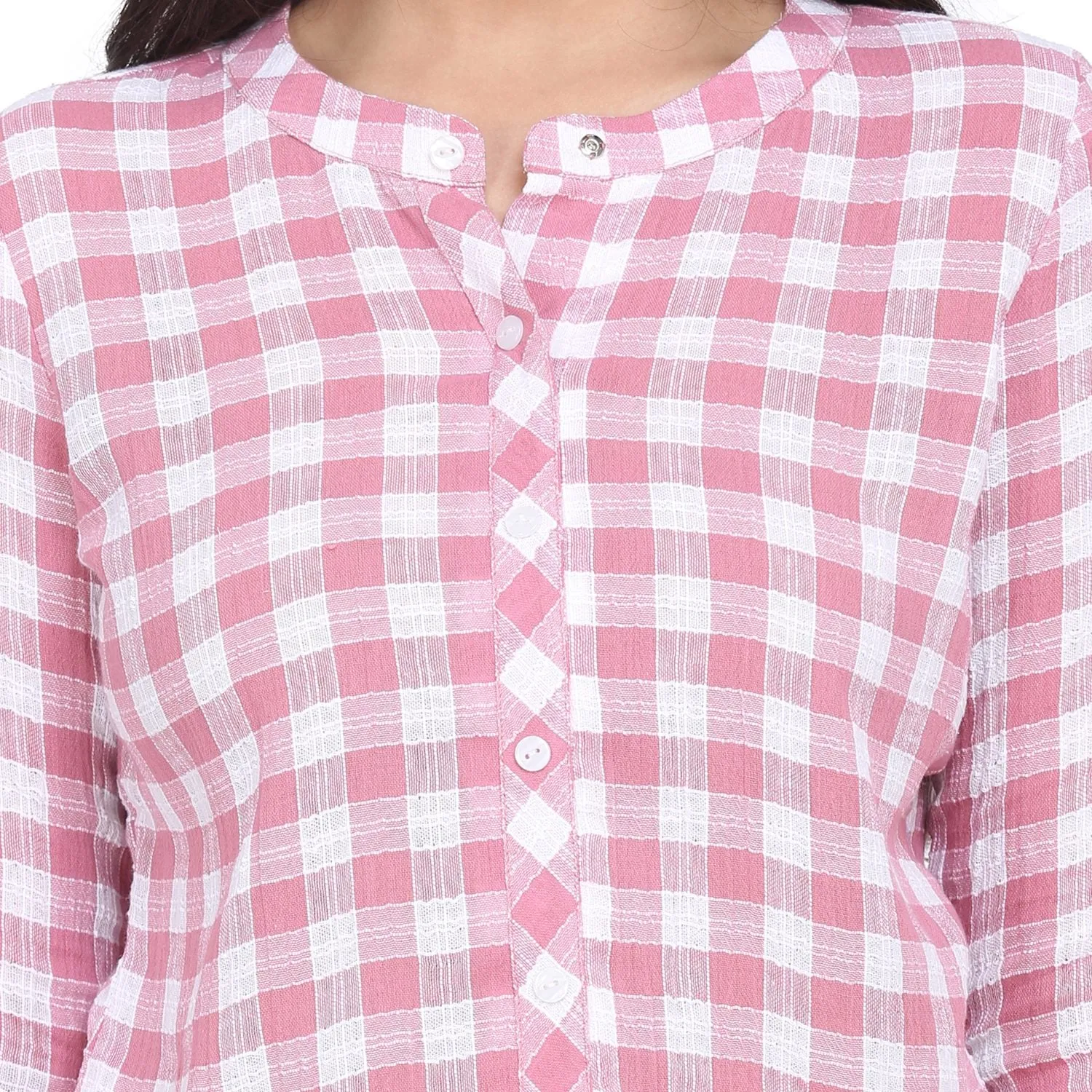 Pink Cotton Checkered Mandarin Collar Top 