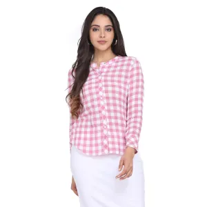 Pink Cotton Checkered Mandarin Collar Top 