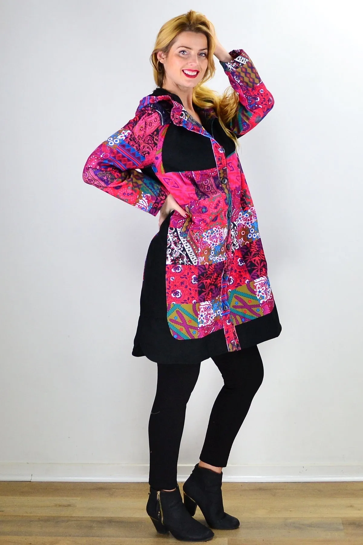 Pink Patchwork Long Corduroy Jacket