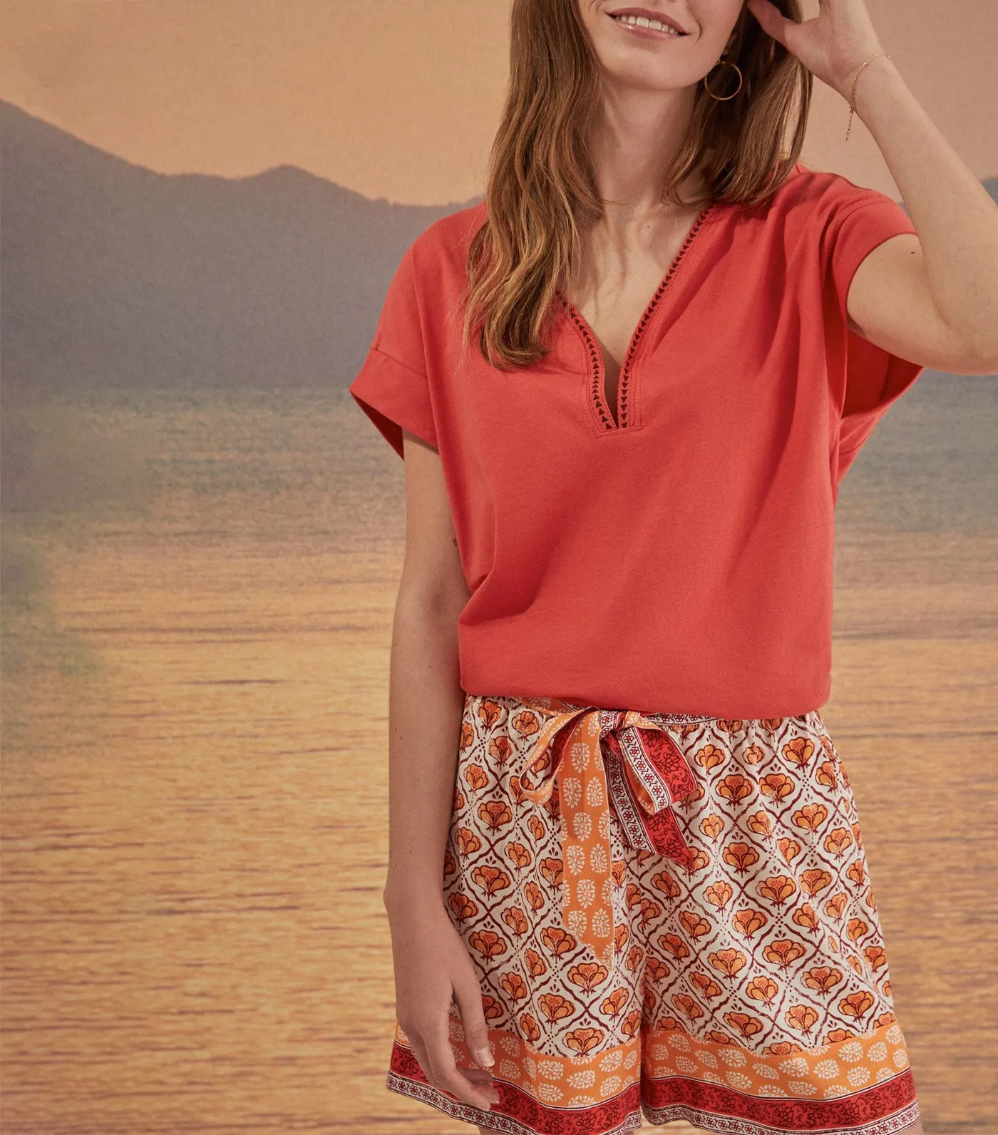 Printed Belted Shorts Orange