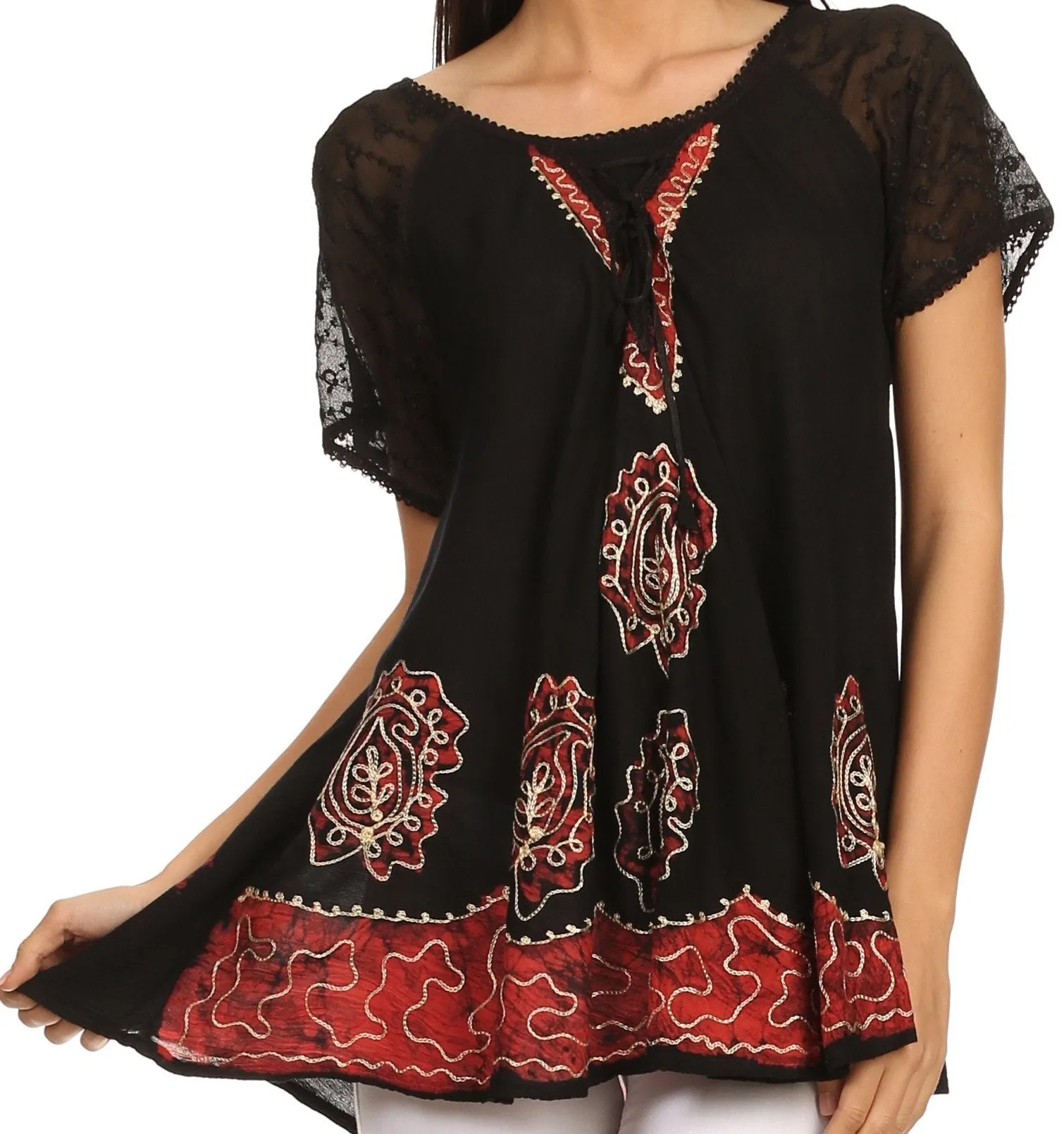 Sakkas Gina Relaxed Fit Embroidered Sheer Cap Sleeves Blouse