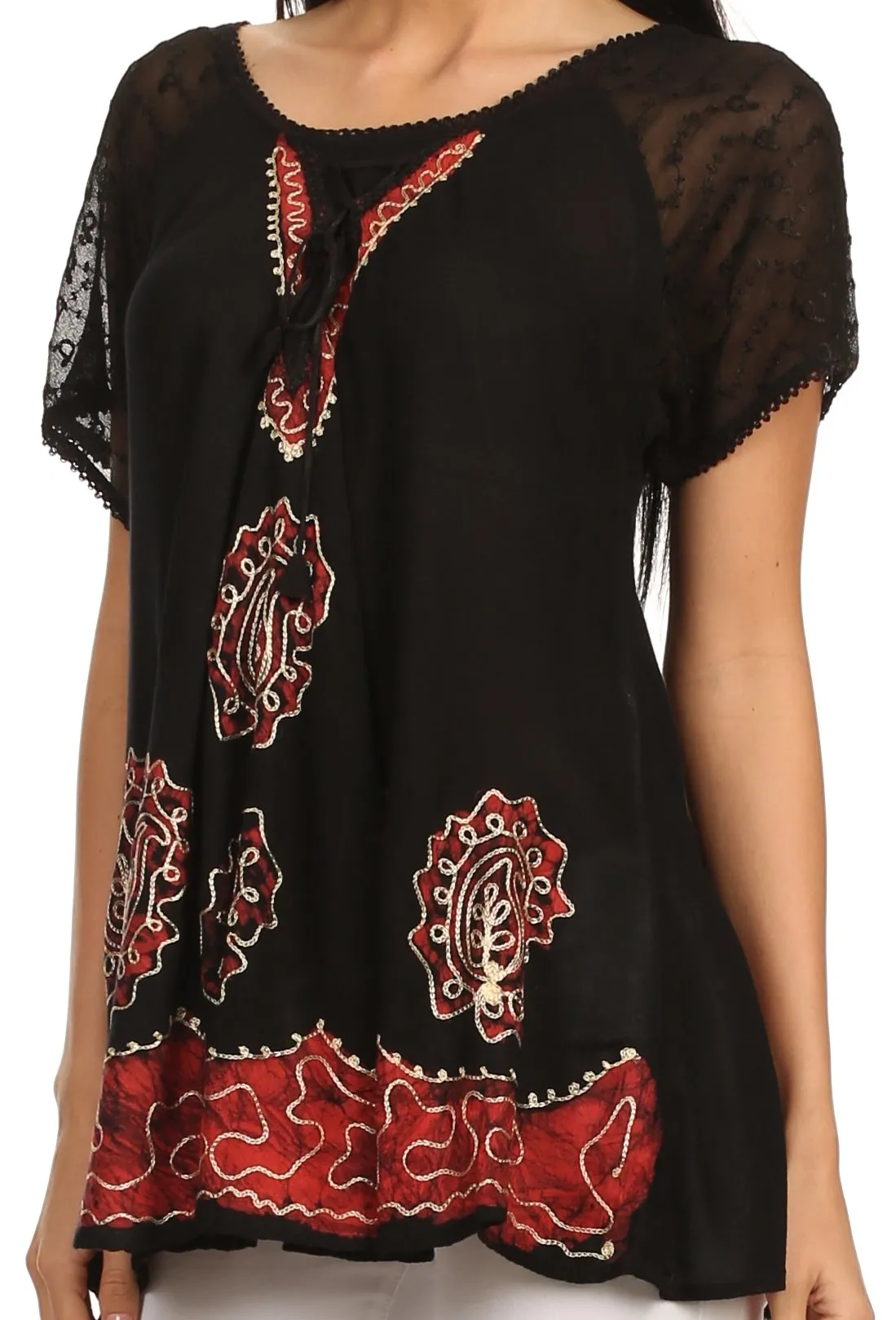 Sakkas Gina Relaxed Fit Embroidered Sheer Cap Sleeves Blouse