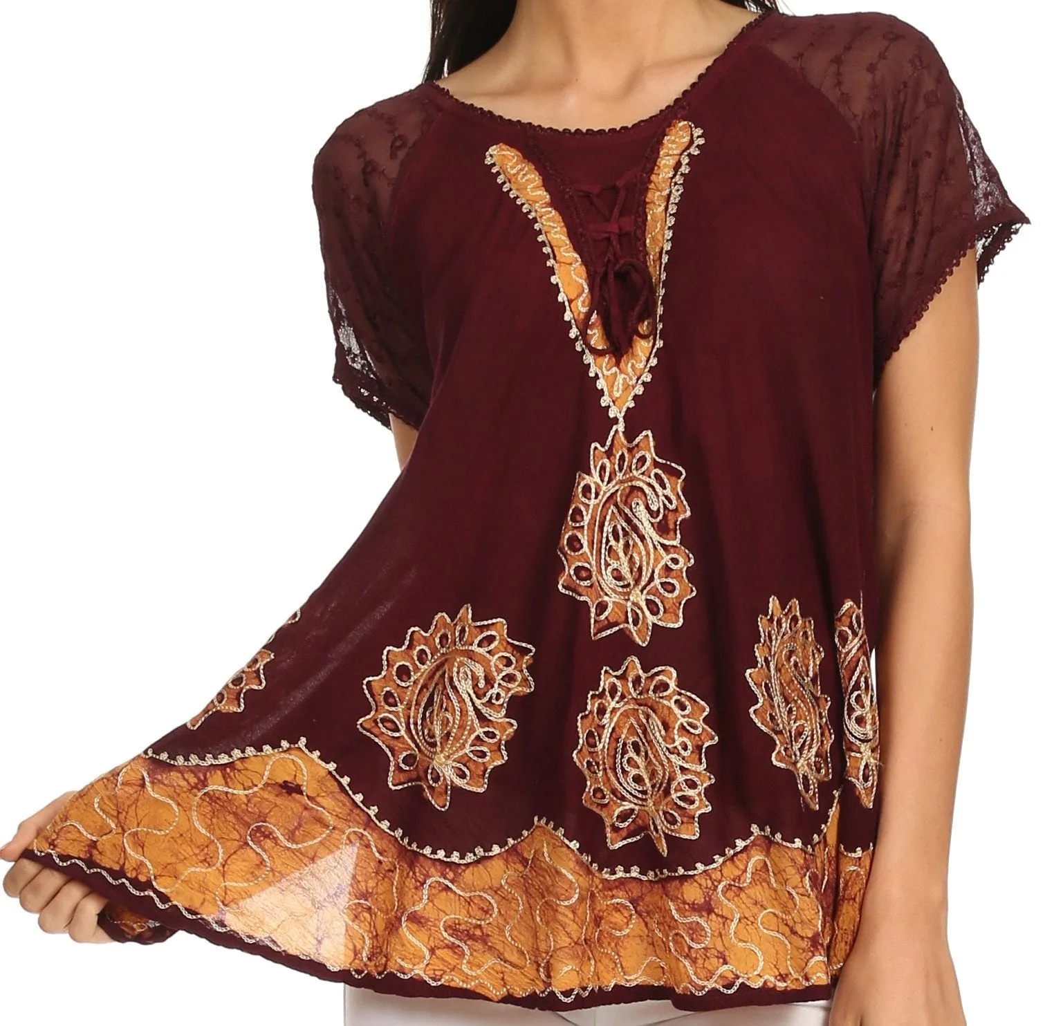 Sakkas Gina Relaxed Fit Embroidered Sheer Cap Sleeves Blouse