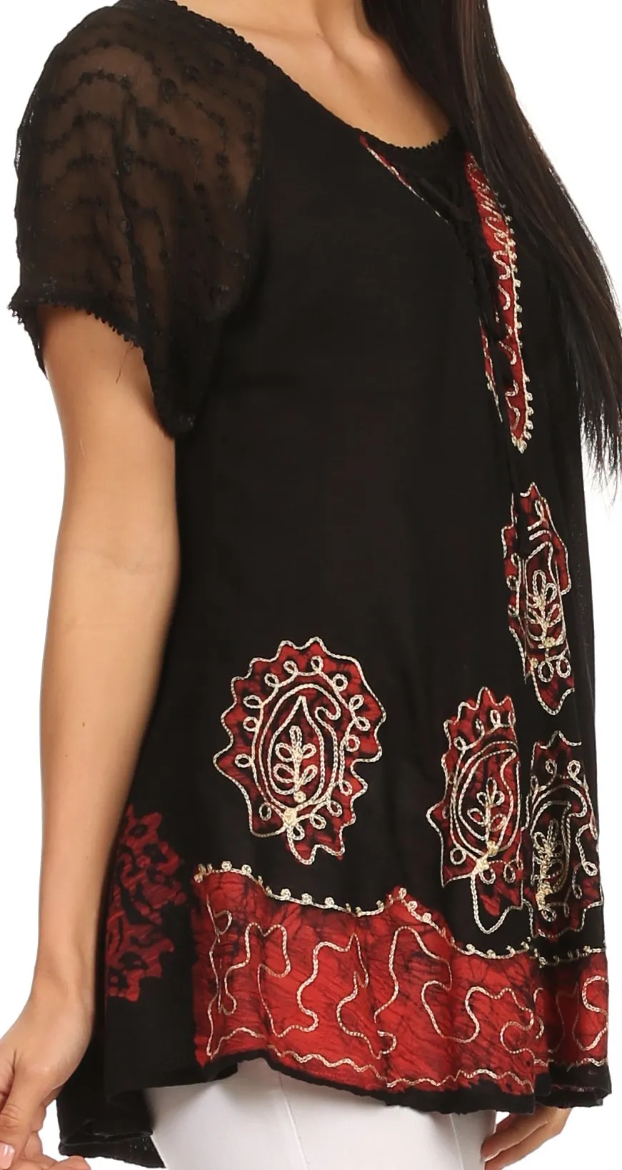 Sakkas Gina Relaxed Fit Embroidered Sheer Cap Sleeves Blouse