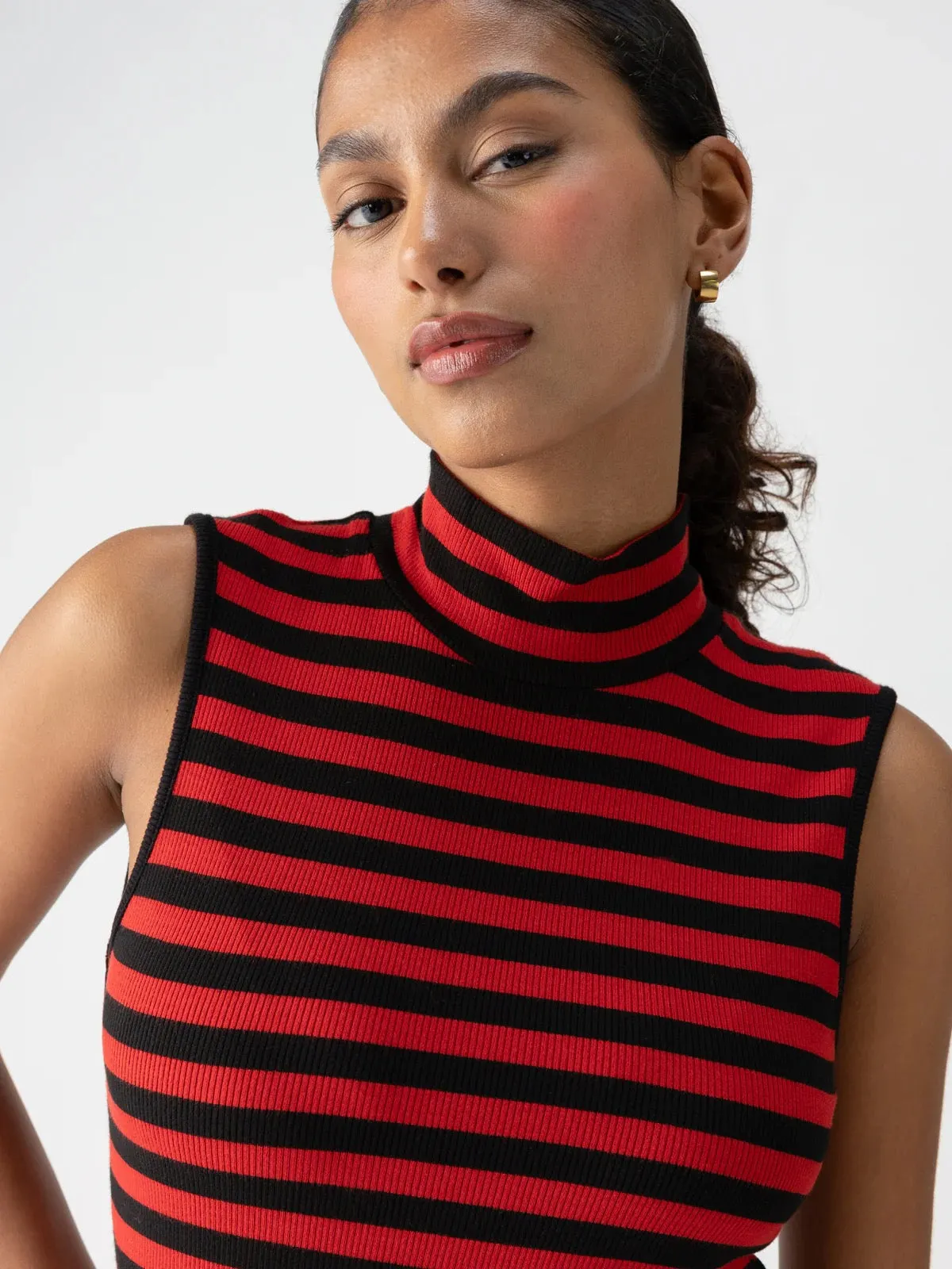 Sanctuary Essential Sleeveless Mock Neck - BLACK/CHERRY RED STRIPE