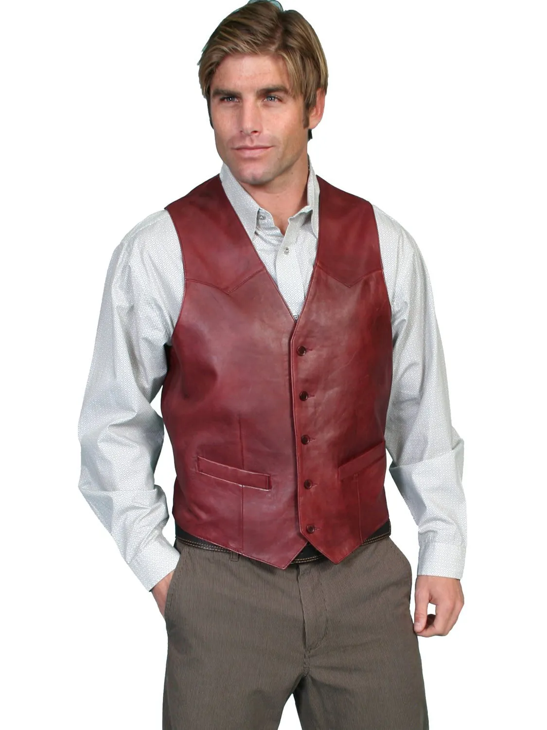 Scully Leather Mens Black Lamb Lambskin Button Front Vest Cherry