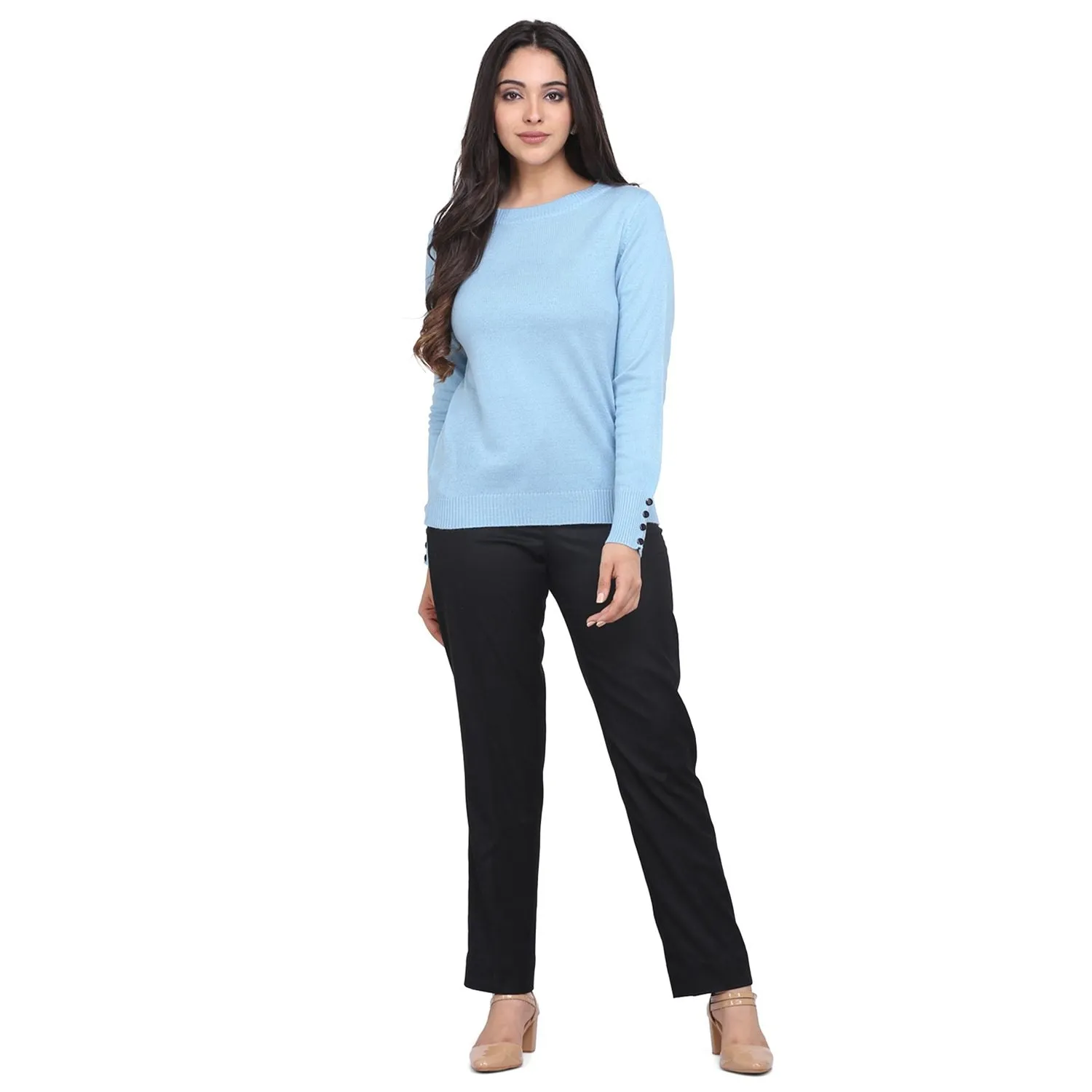 Sky Blue Full Sleeves Buttoned Pullover Women's Sweater