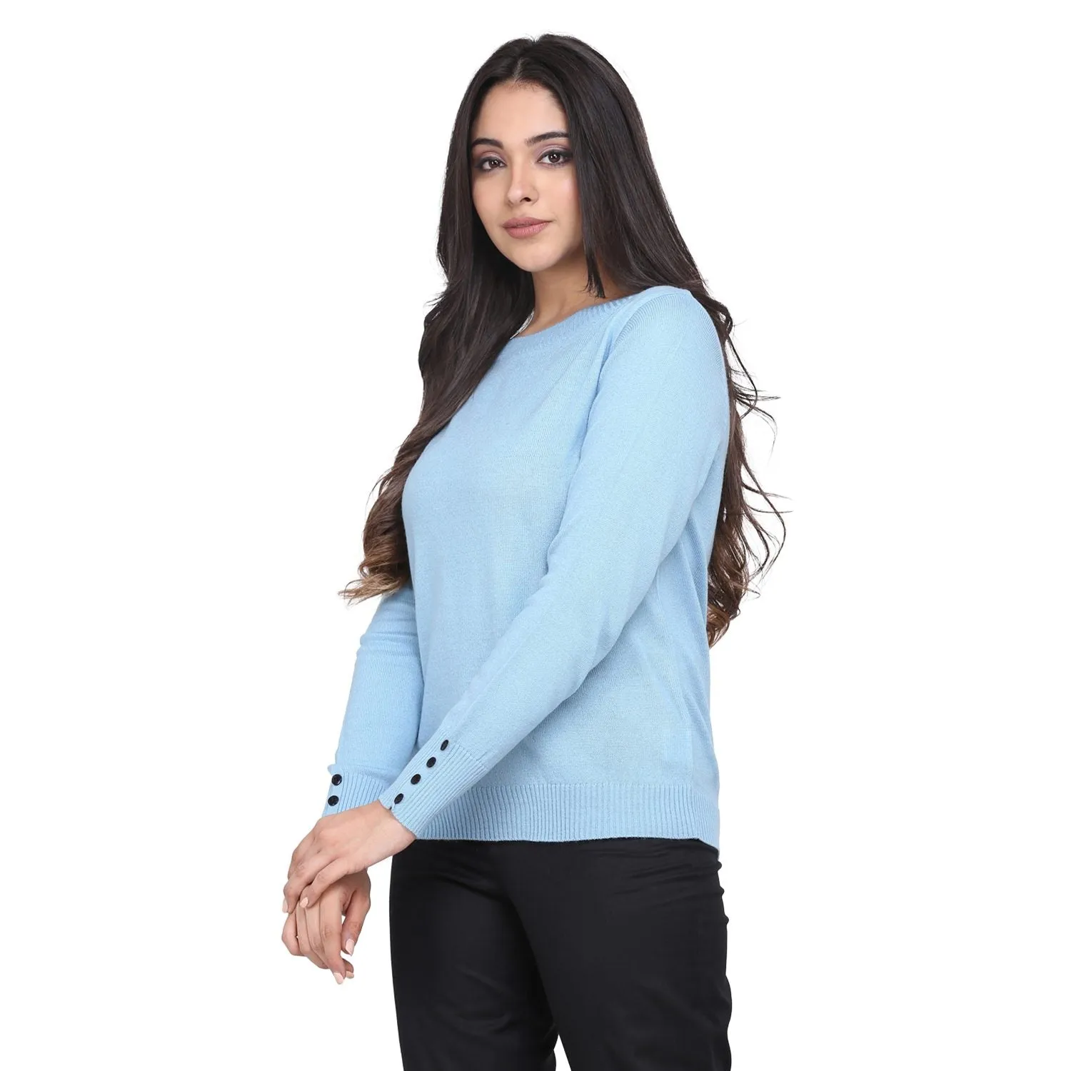 Sky Blue Full Sleeves Buttoned Pullover Women's Sweater