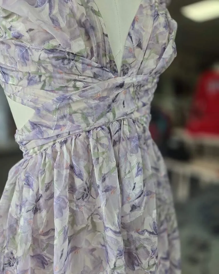 Storia Purple Ruffle Floral Maxi Dress