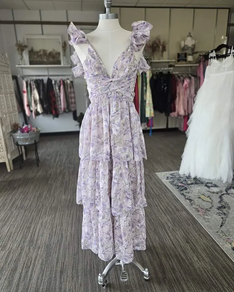 Storia Purple Ruffle Floral Maxi Dress