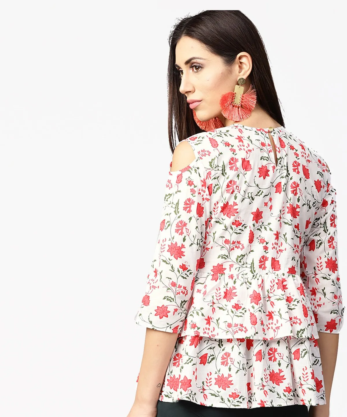 White & Red Printed 3/4Th Cold Shoulder Sleeve Layered Tops