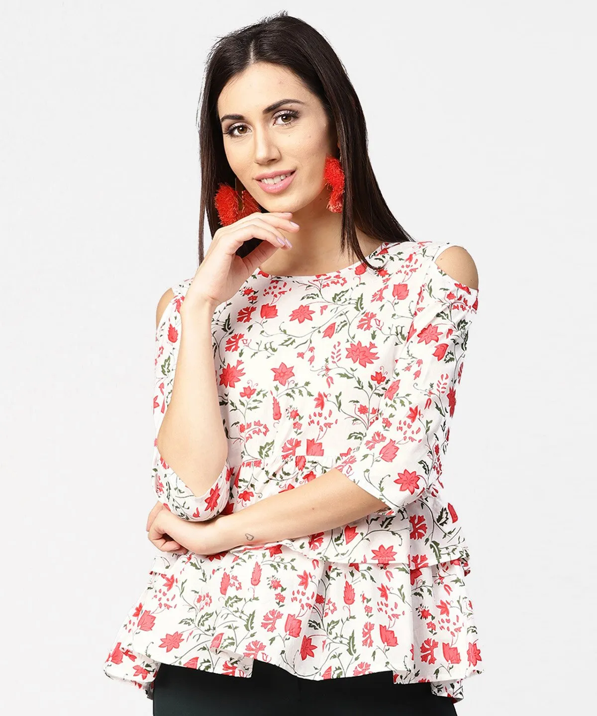 White & Red Printed 3/4Th Cold Shoulder Sleeve Layered Tops