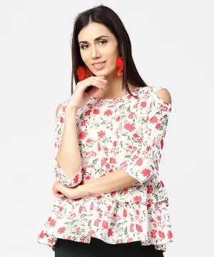 White & Red Printed 3/4Th Cold Shoulder Sleeve Layered Tops