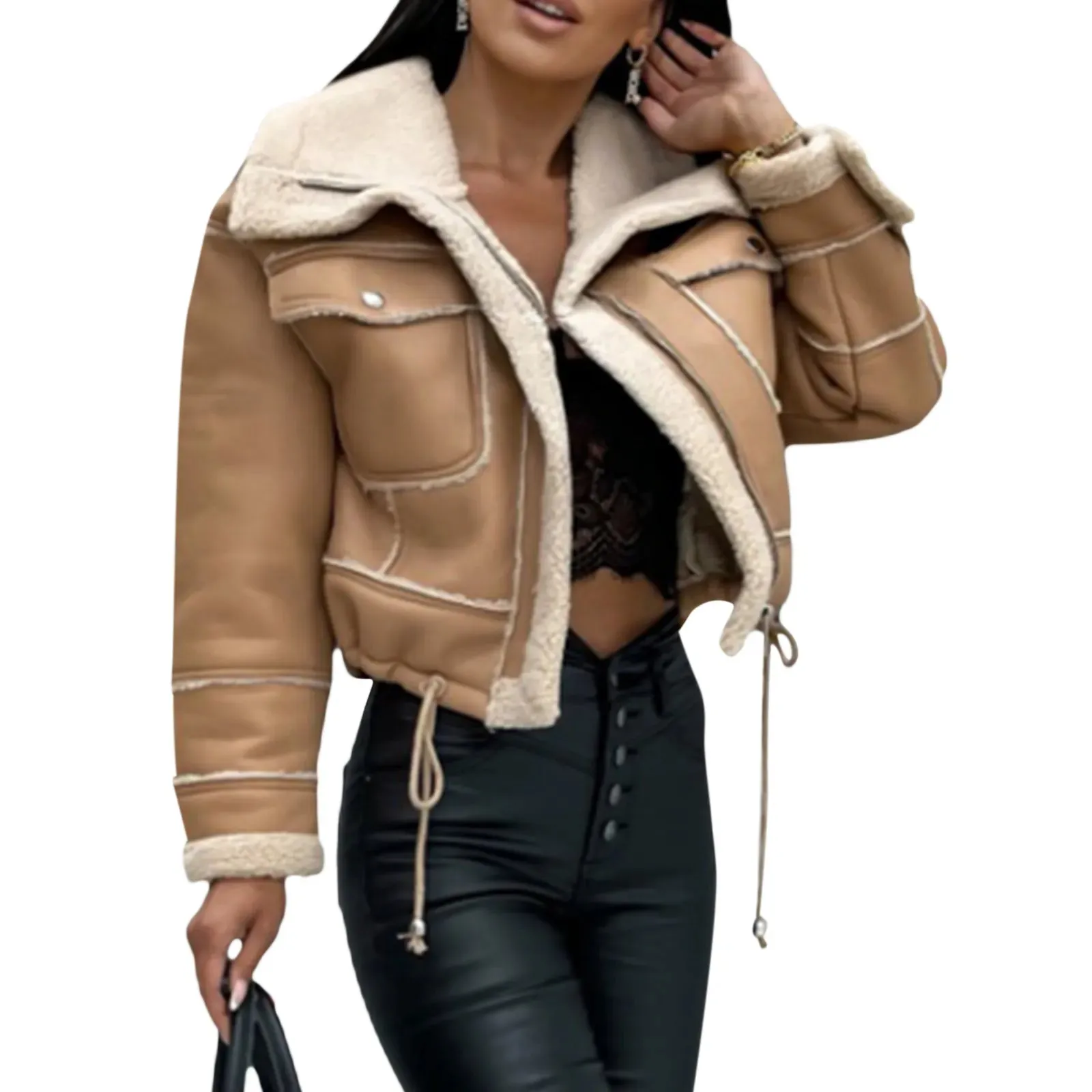 Women Faux Leather Jacket Coat Warm Winter Outerwear*