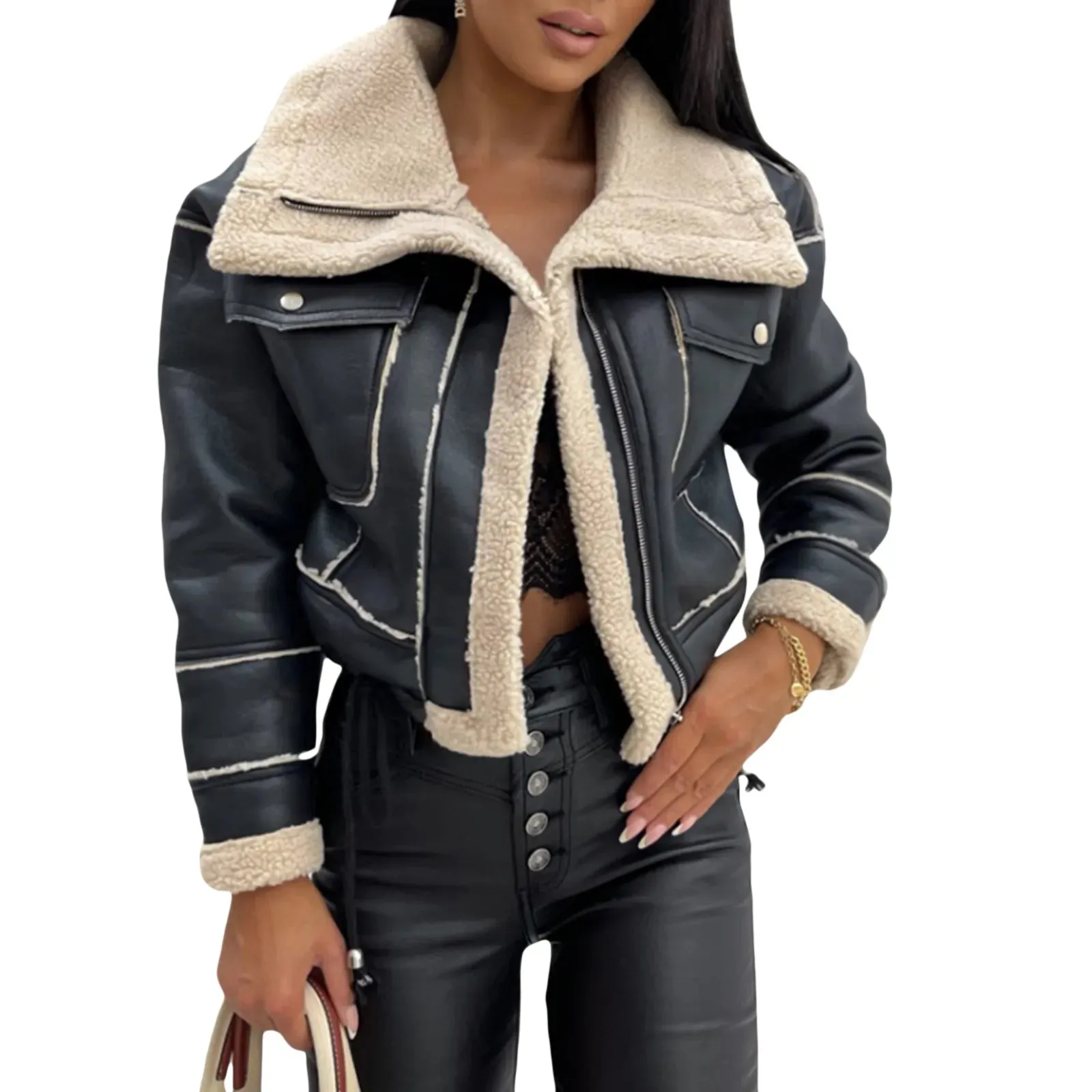 Women Faux Leather Jacket Coat Warm Winter Outerwear*