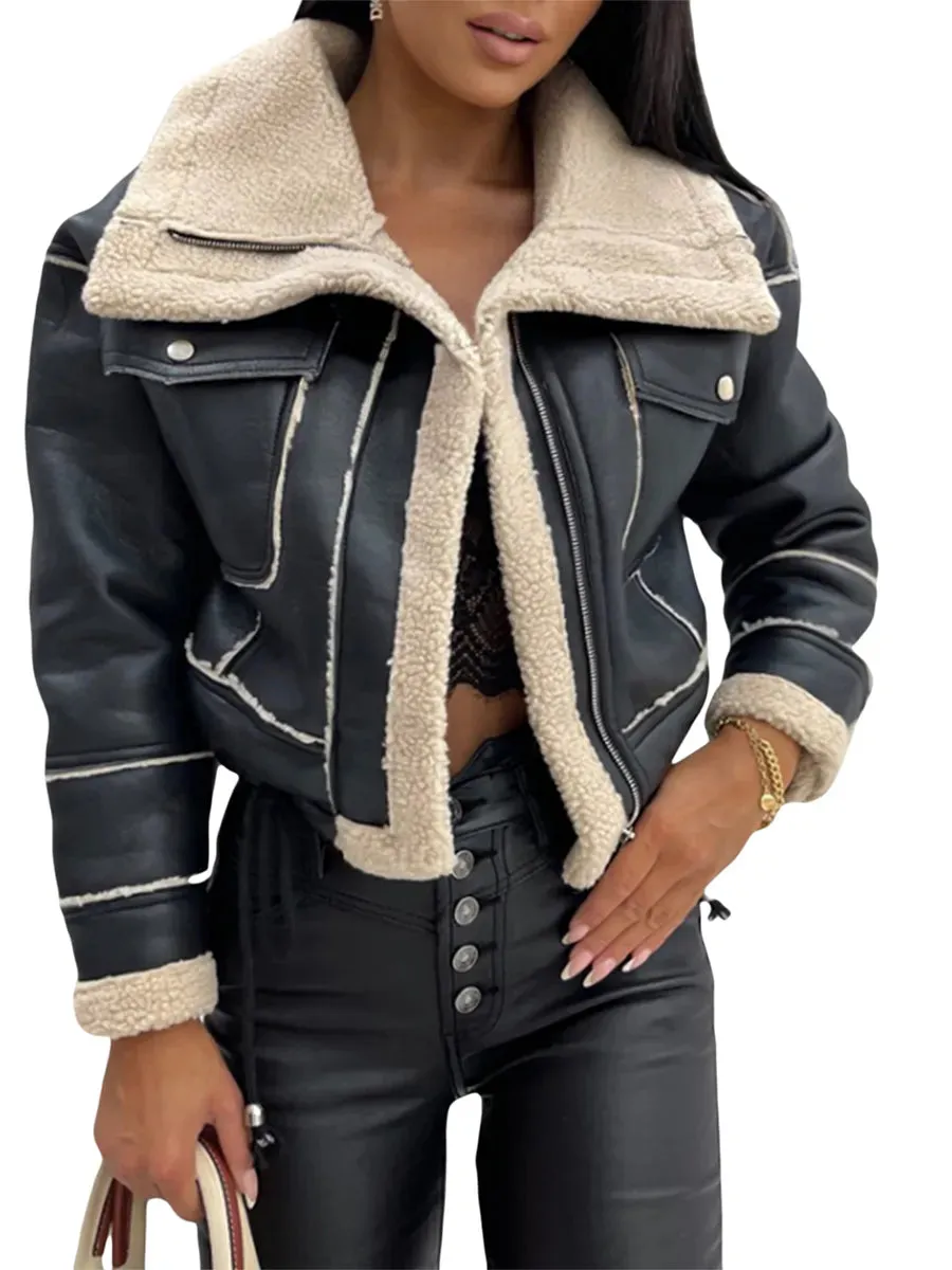 Women Faux Leather Jacket Coat Warm Winter Outerwear*