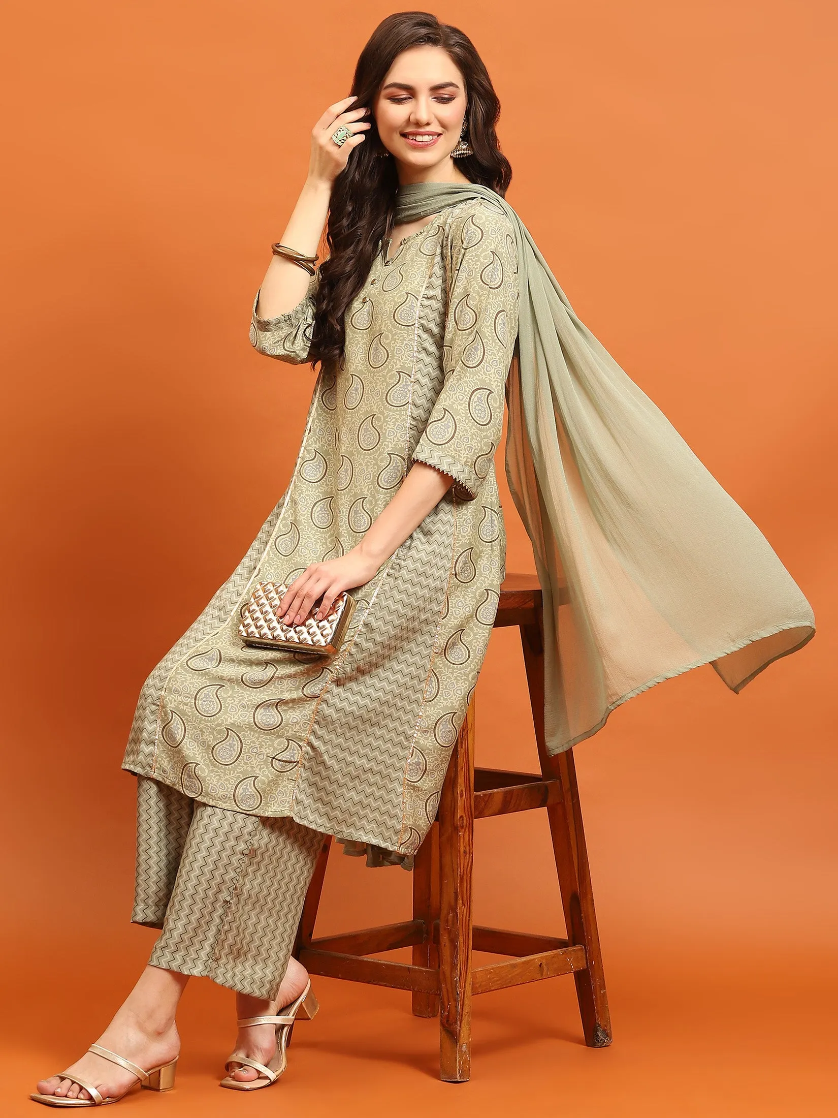 Women Olive Paisley Printed Kurta Comfort Pant Dupatta