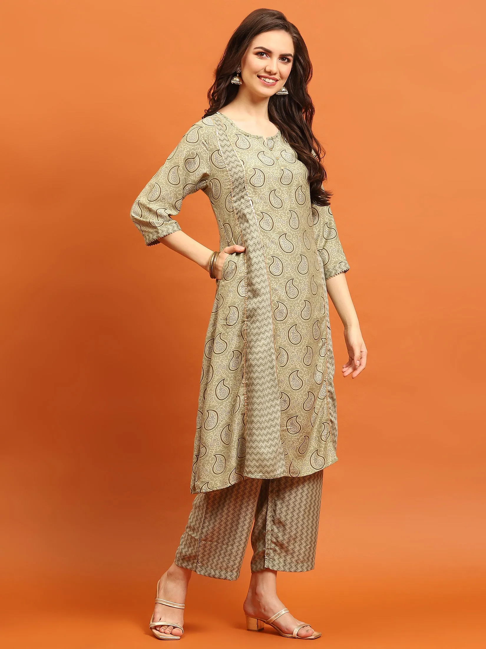 Women Olive Paisley Printed Kurta Comfort Pant Dupatta