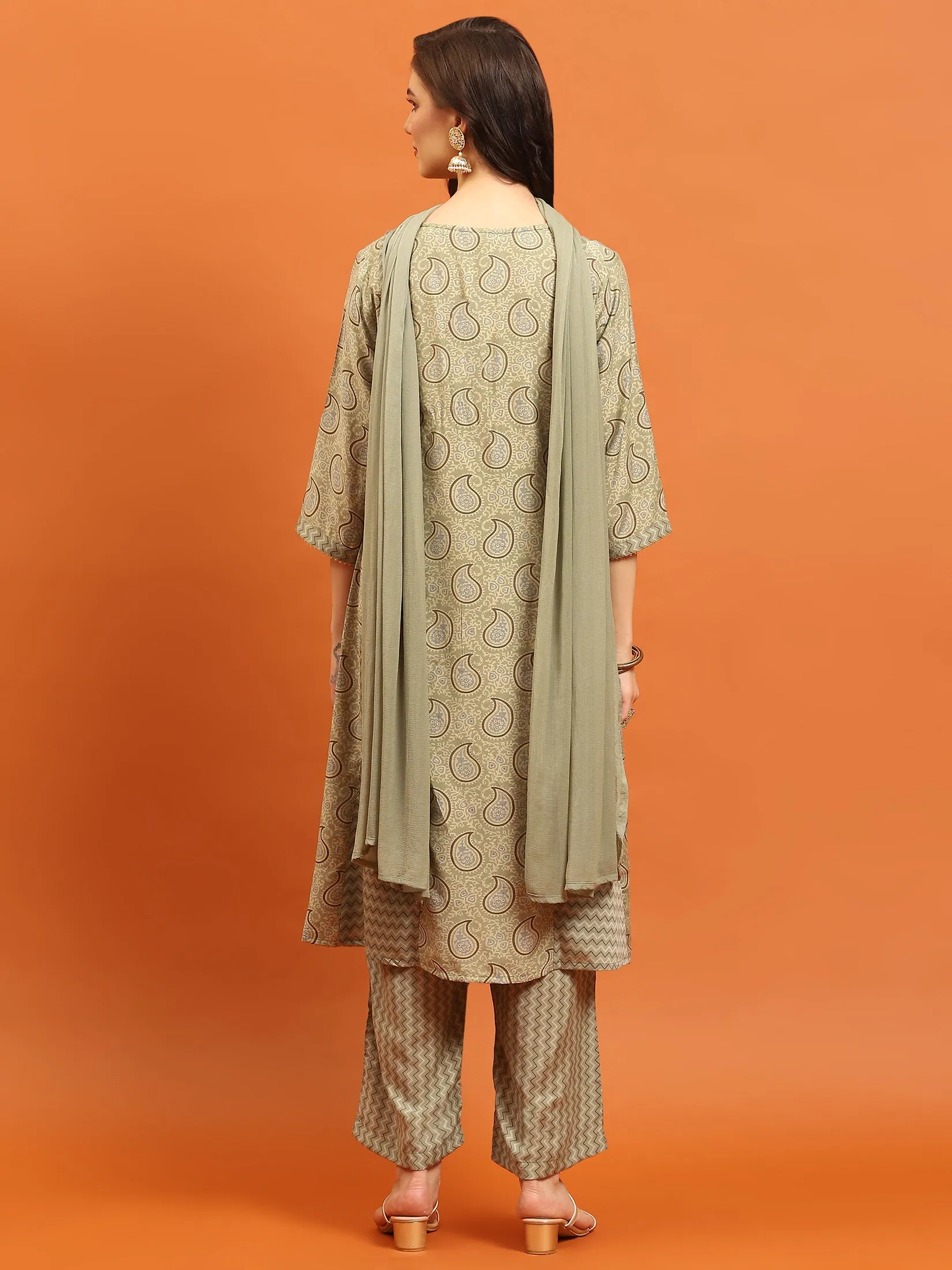 Women Olive Paisley Printed Kurta Comfort Pant Dupatta