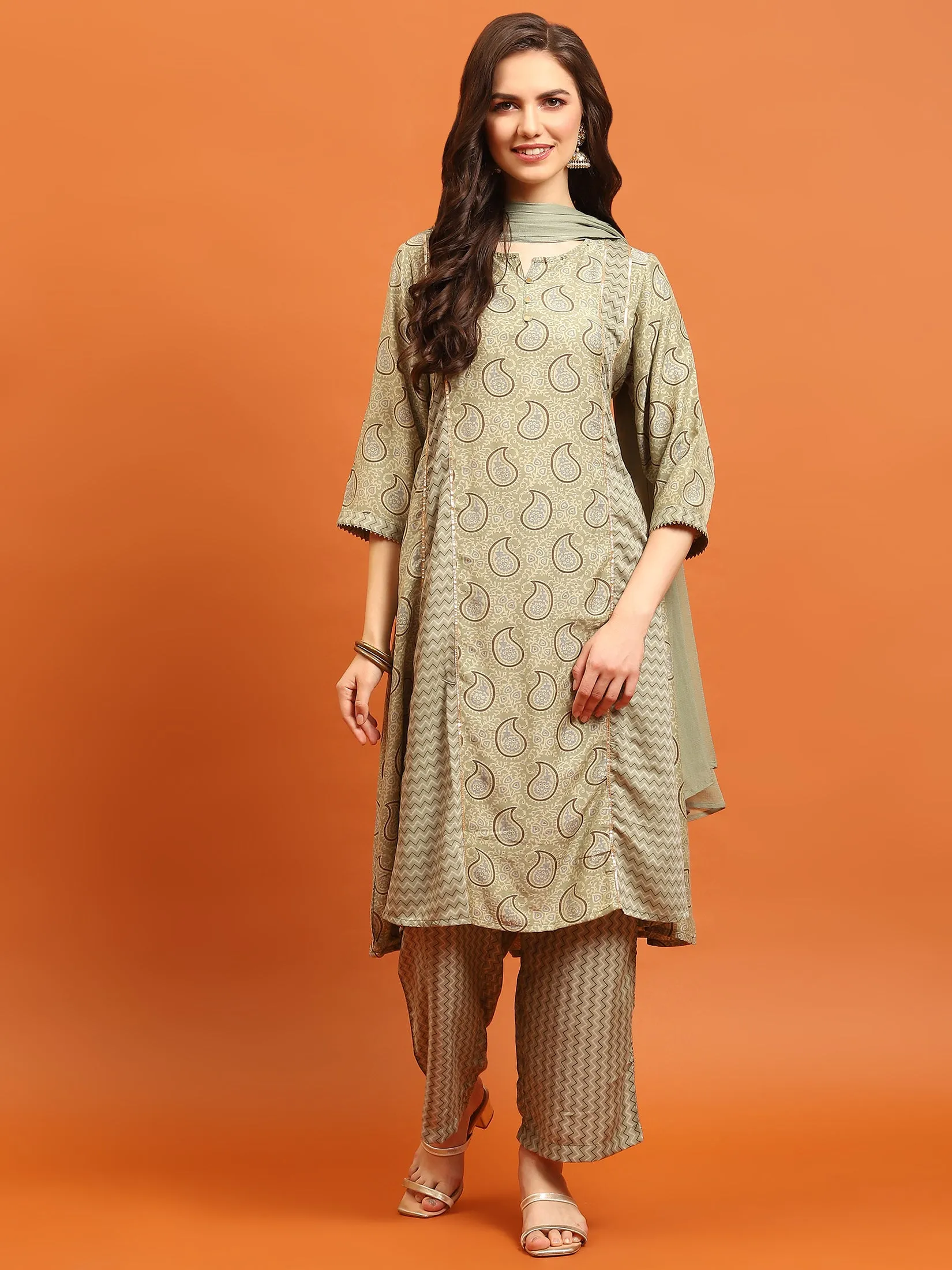 Women Olive Paisley Printed Kurta Comfort Pant Dupatta