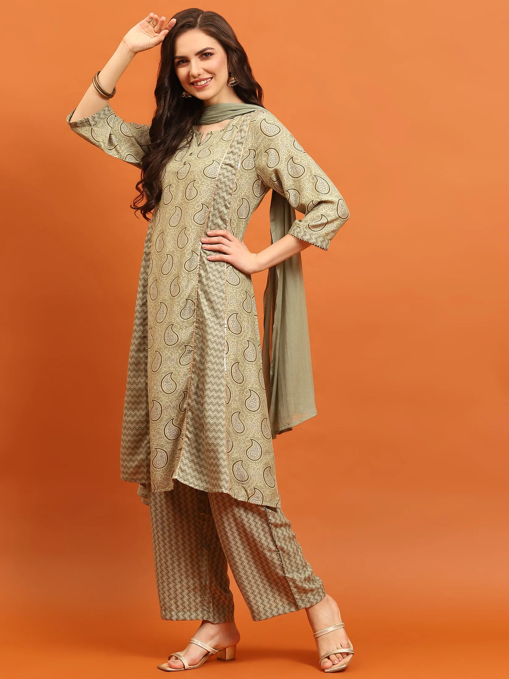 Women Olive Paisley Printed Kurta Comfort Pant Dupatta