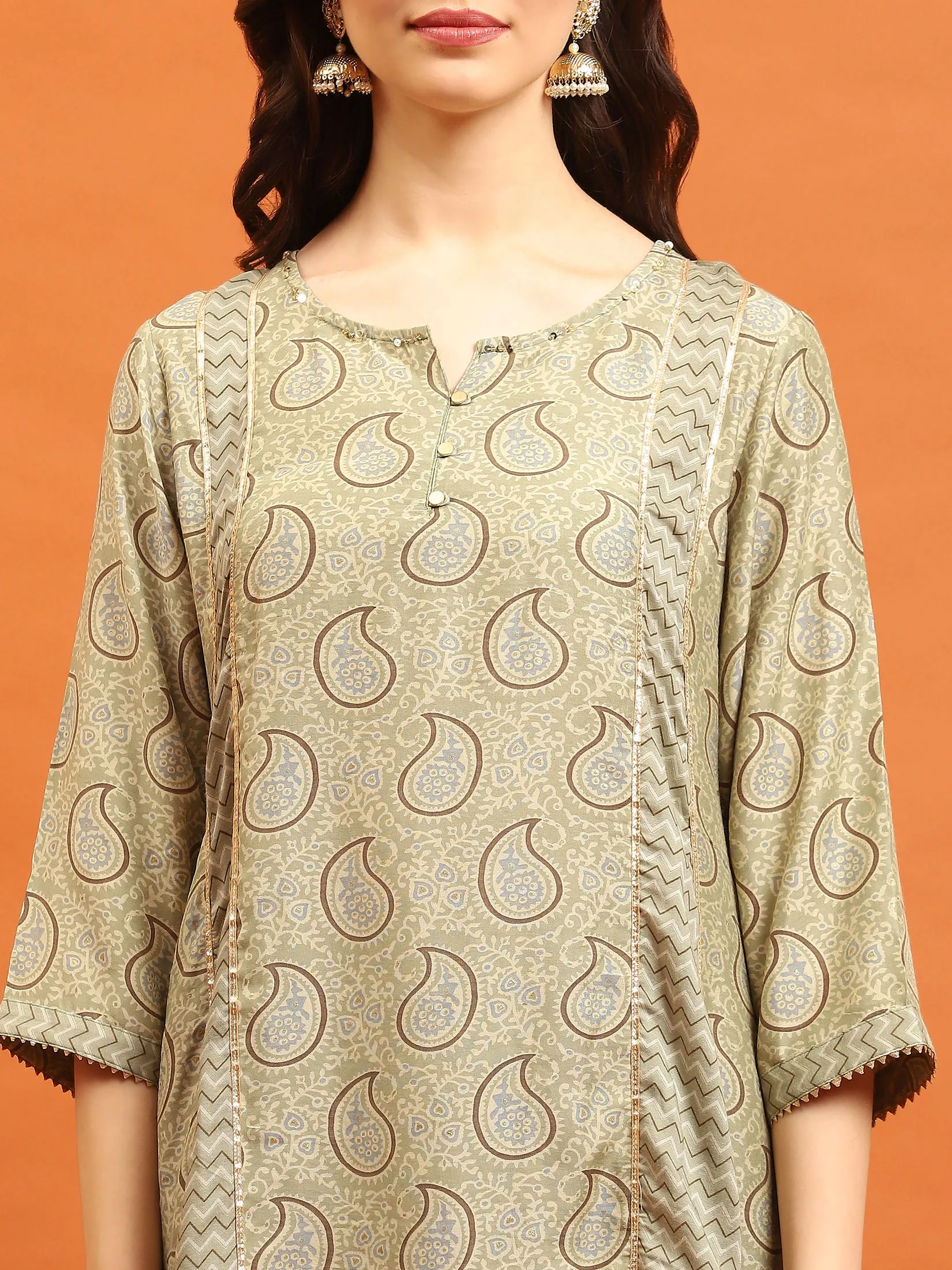 Women Olive Paisley Printed Kurta Comfort Pant Dupatta