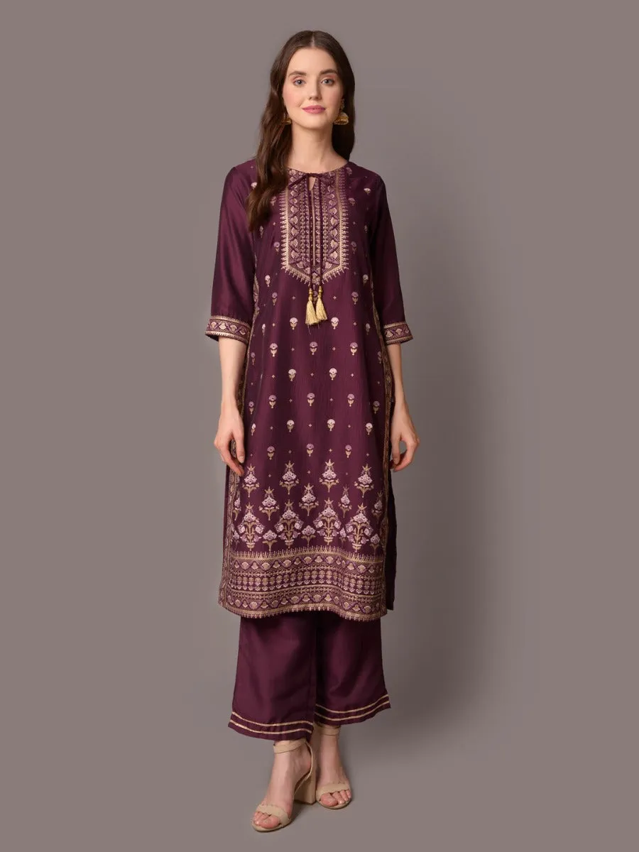 Women Purple Ornamental Printed Kurta With Comfort Pant