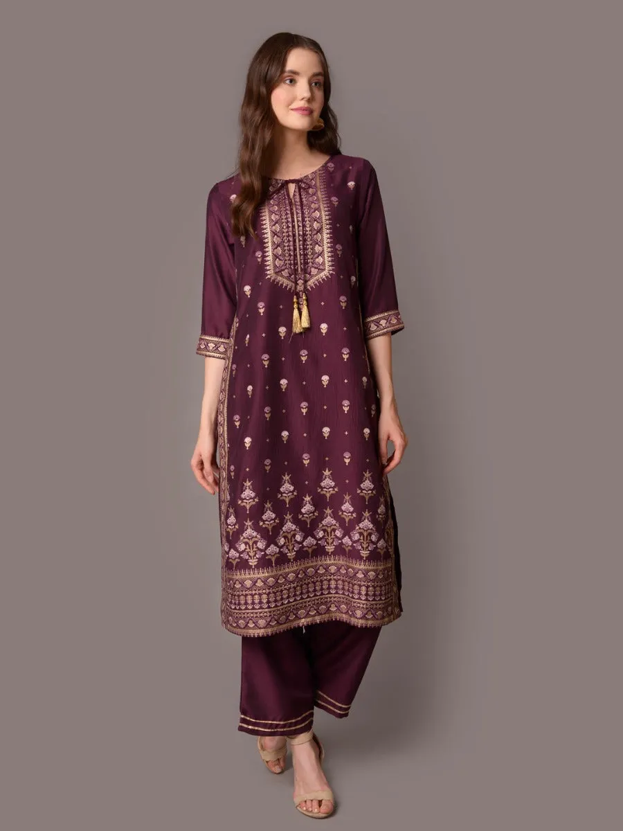 Women Purple Ornamental Printed Kurta With Comfort Pant