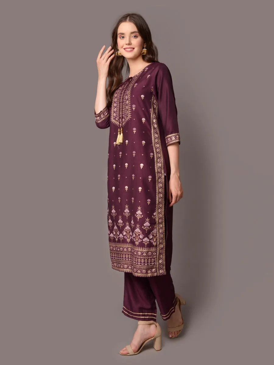 Women Purple Ornamental Printed Kurta With Comfort Pant