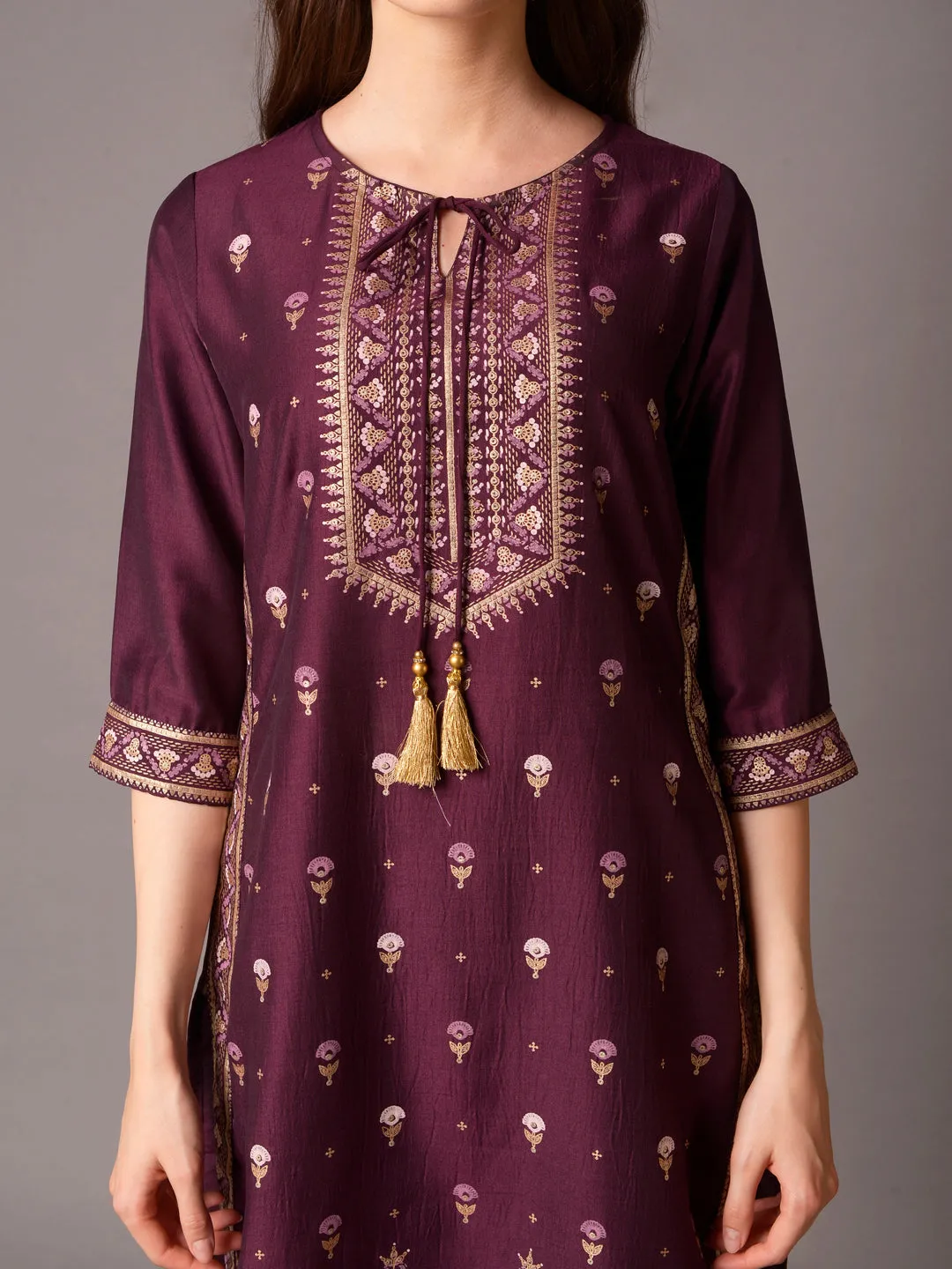 Women Purple Ornamental Printed Kurta With Comfort Pant