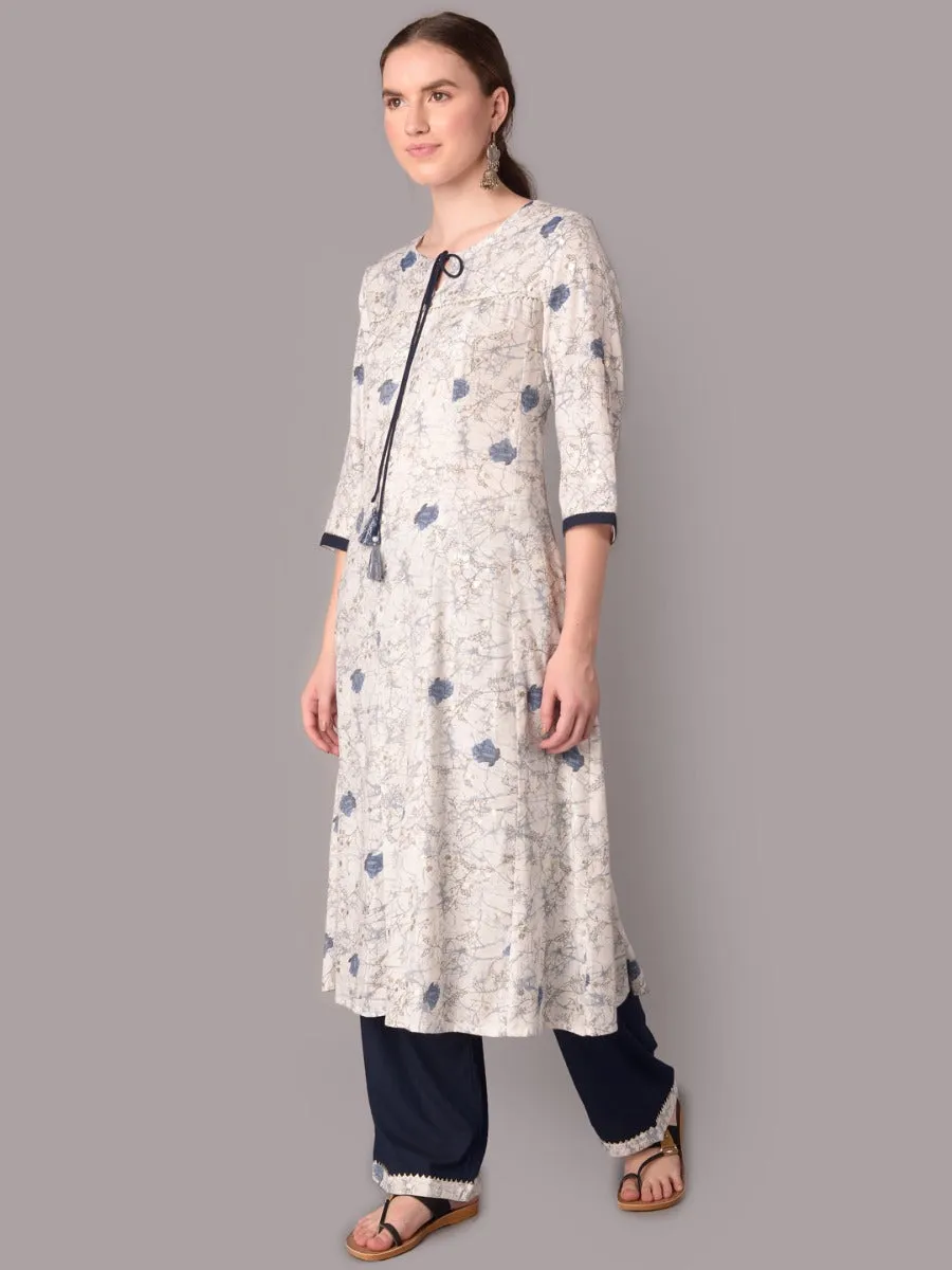 Women White Floral Printed Kurta With Comfort Pant