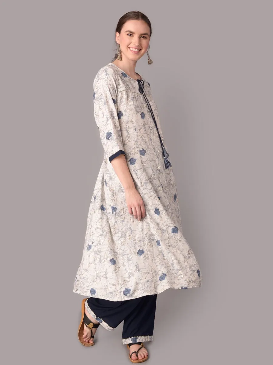 Women White Floral Printed Kurta With Comfort Pant