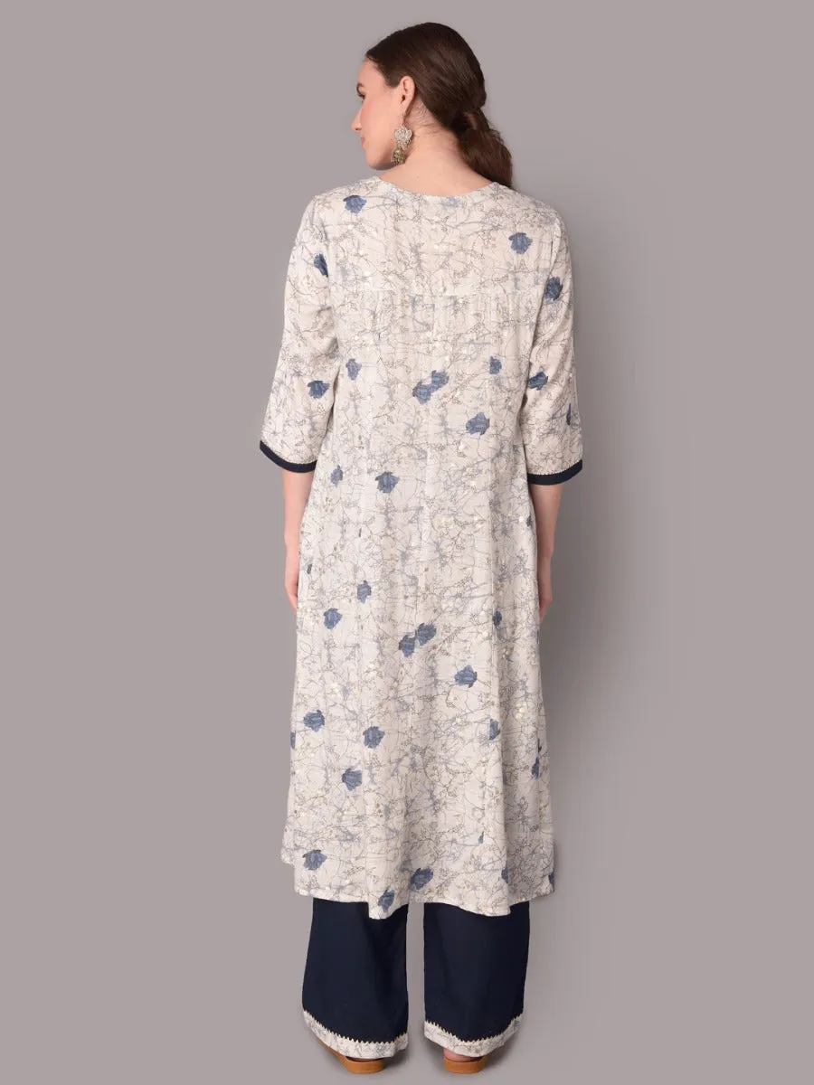 Women White Floral Printed Kurta With Comfort Pant