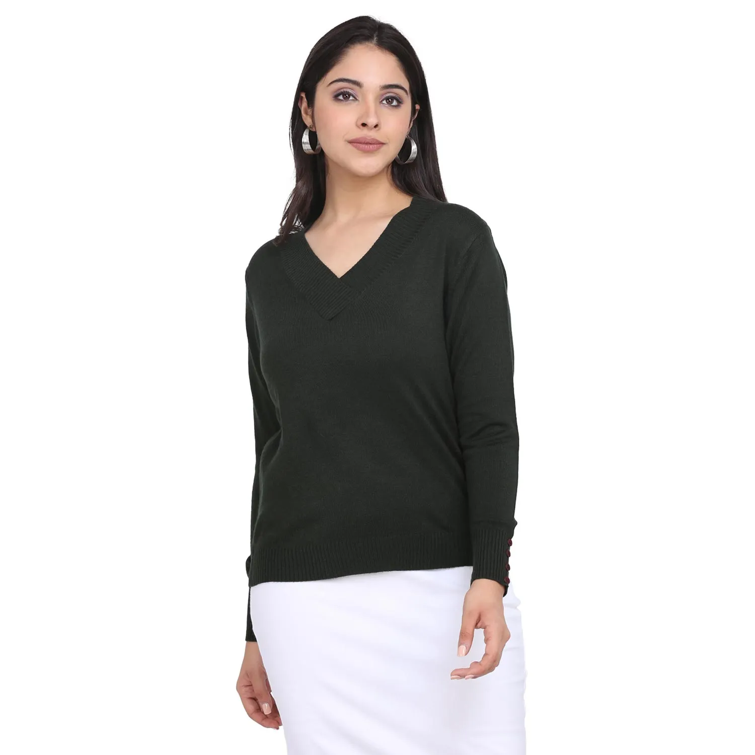 Women's Bottle Green V neck Cotton Pullover 