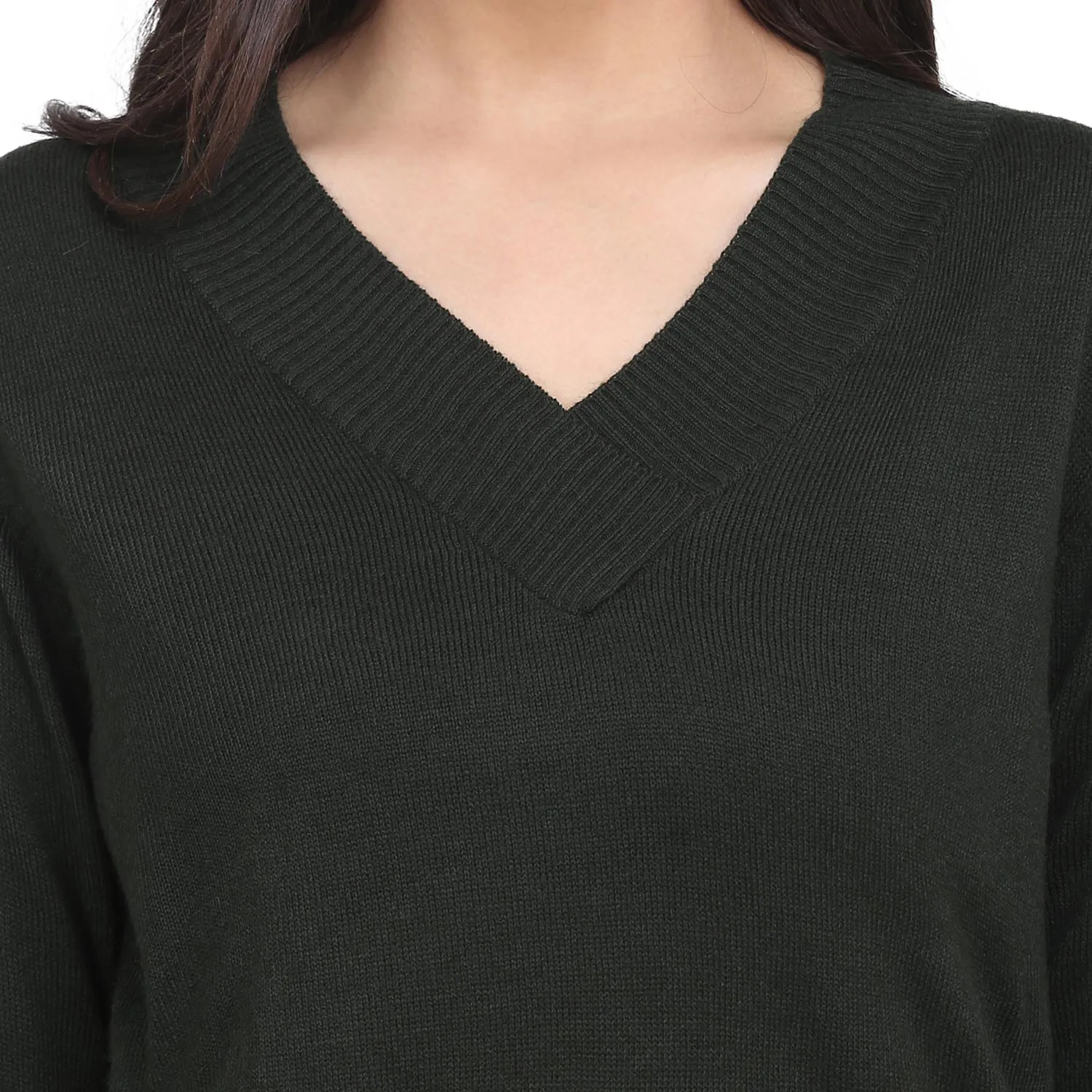 Women's Bottle Green V neck Cotton Pullover 