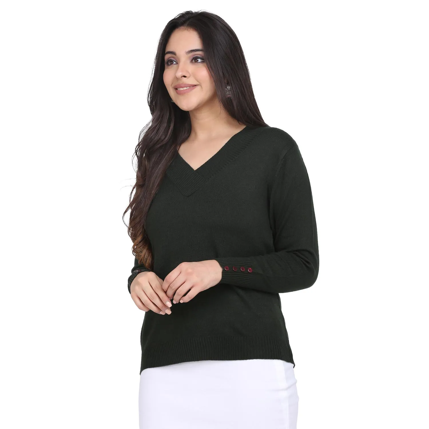 Women's Bottle Green V neck Cotton Pullover 