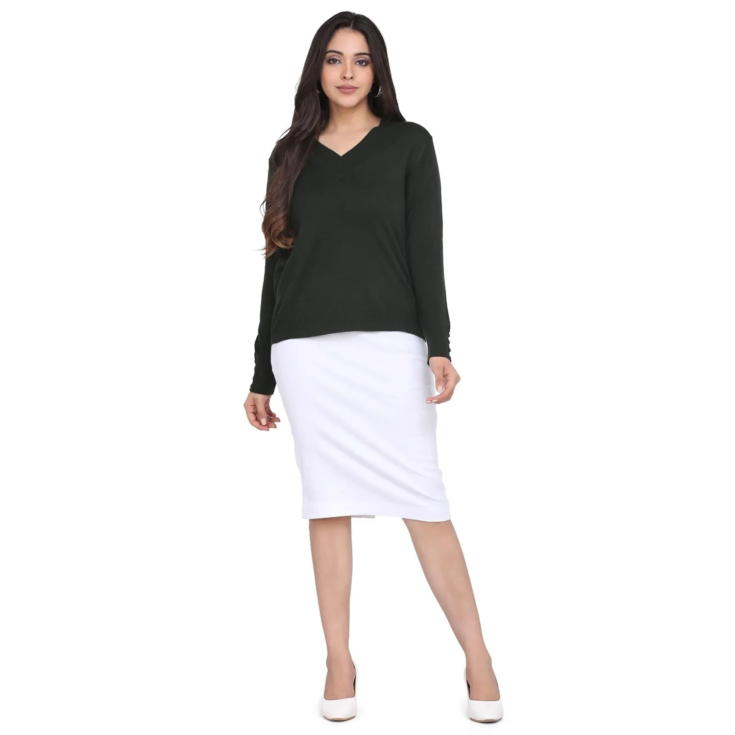 Women's Bottle Green V neck Cotton Pullover 