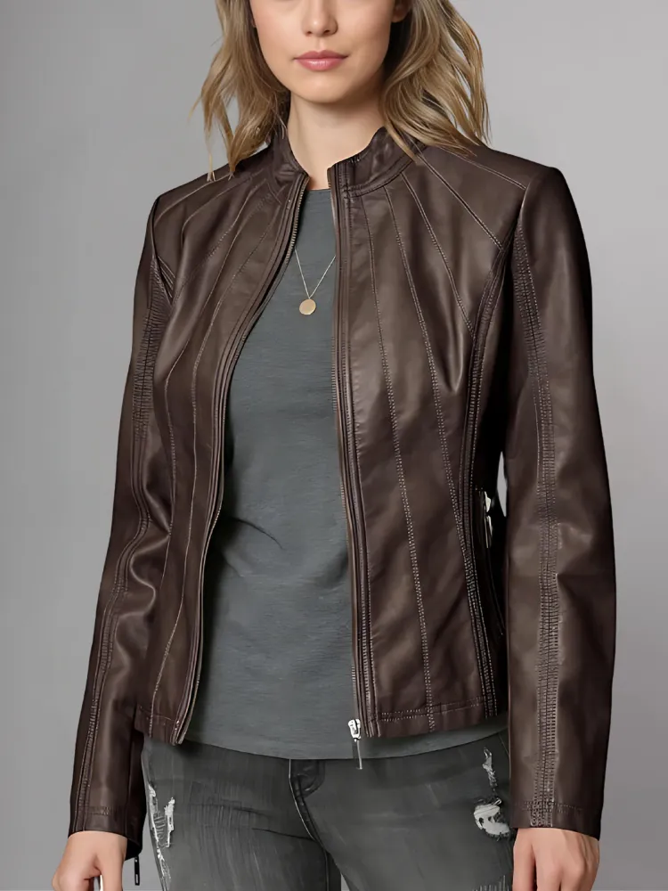 Womens Panelled Real Leather Moto Jacket