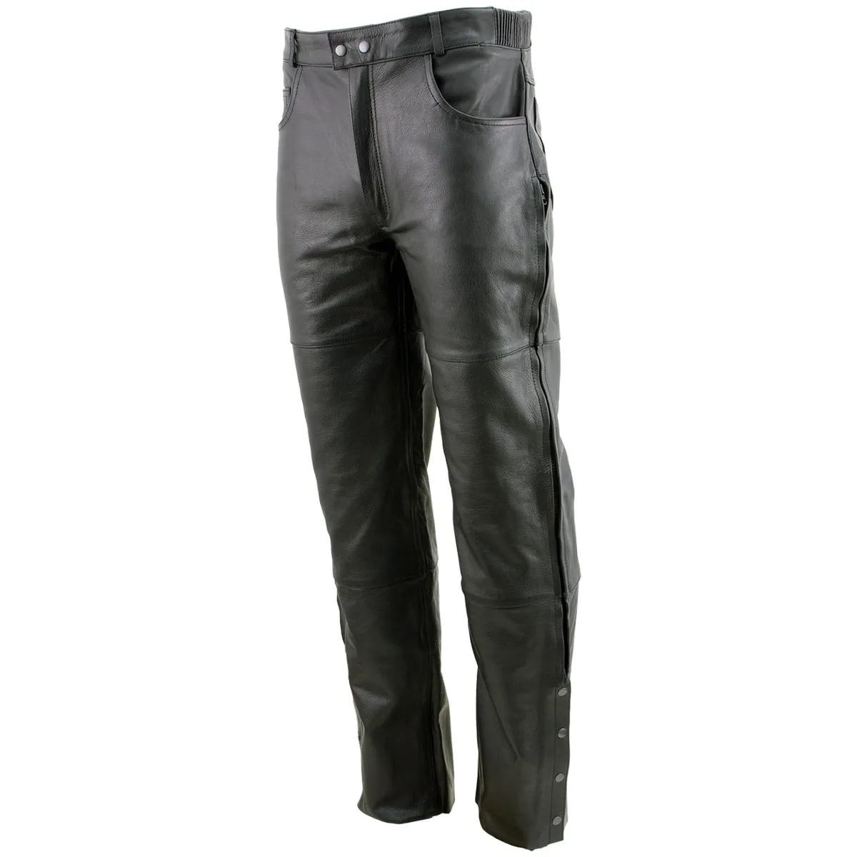 Xelement Men's Black Premium Leather Motorcycle Over Pants with Side Zipper and Snaps B7470