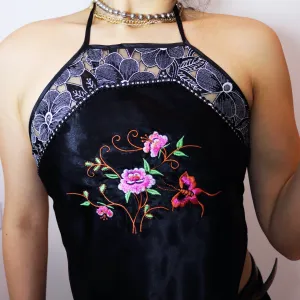 Y2K 90S 00S BUTTERFLY FLORAL SILKY SHEER DETAILs HALTER BACKLESS TOP