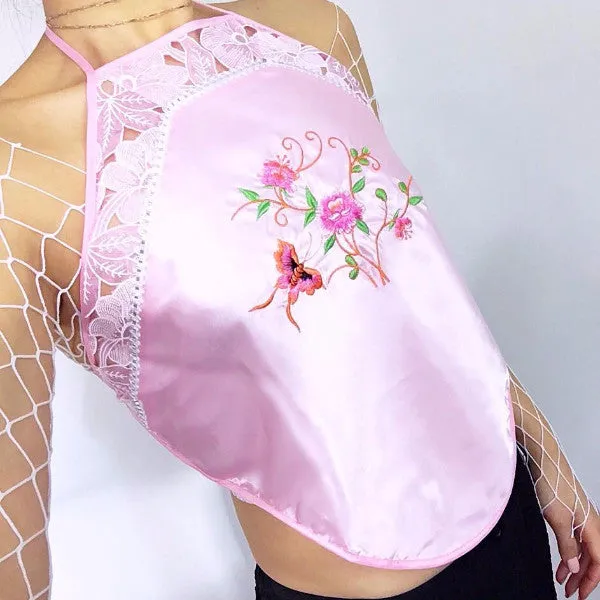 Y2K 90S 00S BUTTERFLY FLORAL SILKY SHEER DETAILs HALTER BACKLESS TOP